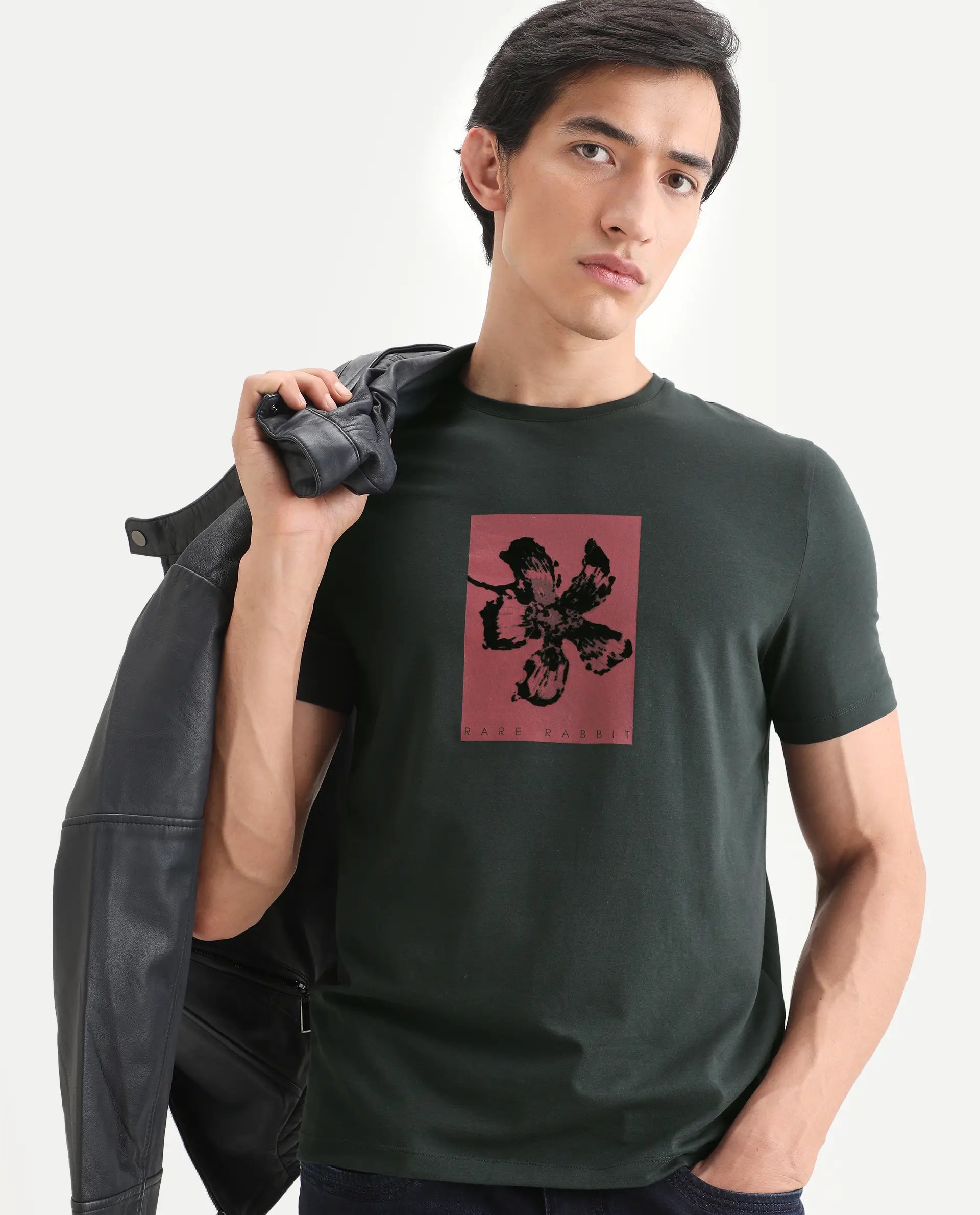 Rare Rabbit Men's Ingi Dark Grey Cotton Blend Fabric Half Sleeve Crew Neck Regular Fit Graphic Print T-Shirt