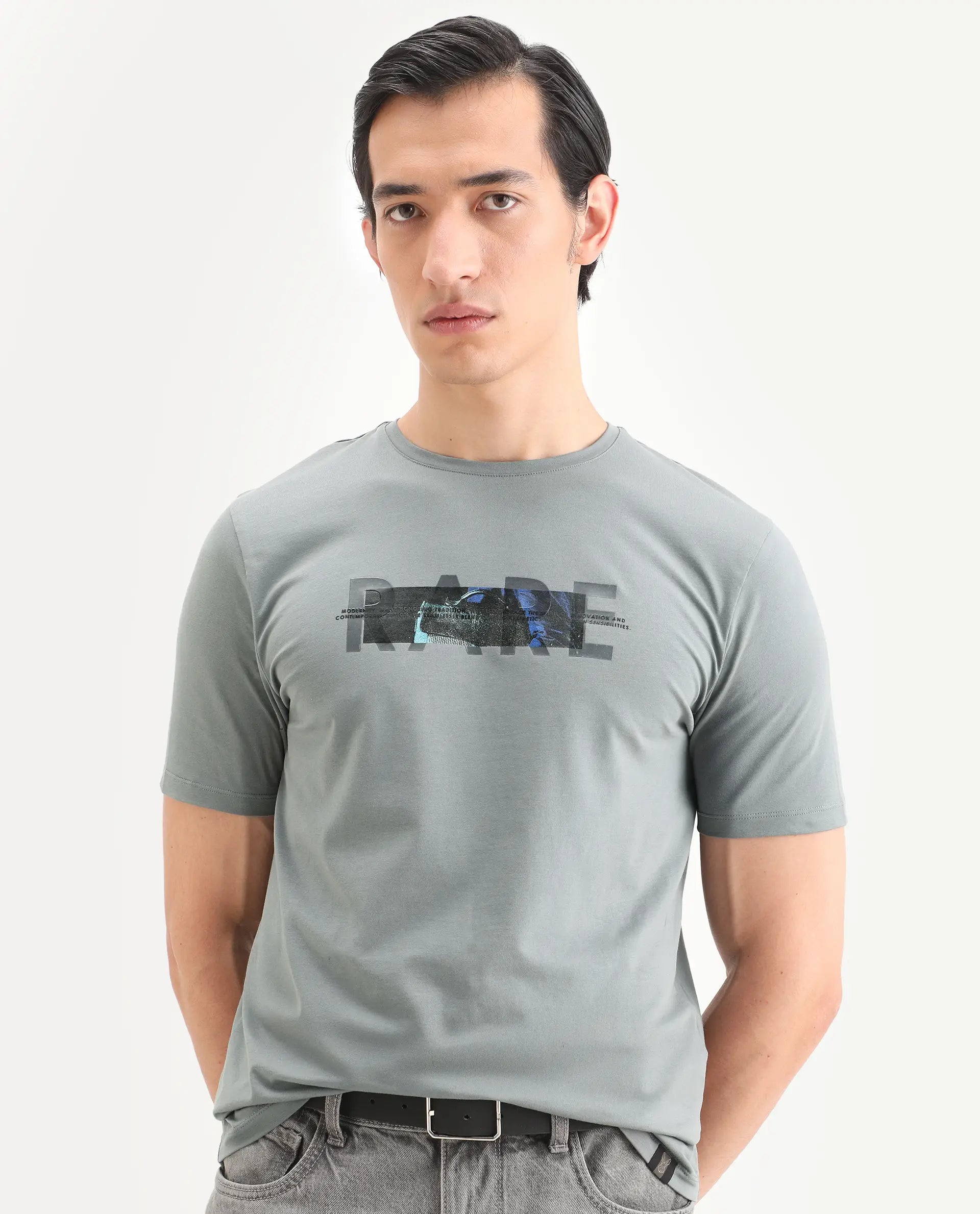 Rare Rabbit Men's Jaars Dark Grey Cotton Blend Fabric Half Sleeve Crew Neck Regular Fit Graphic Print T-Shirt