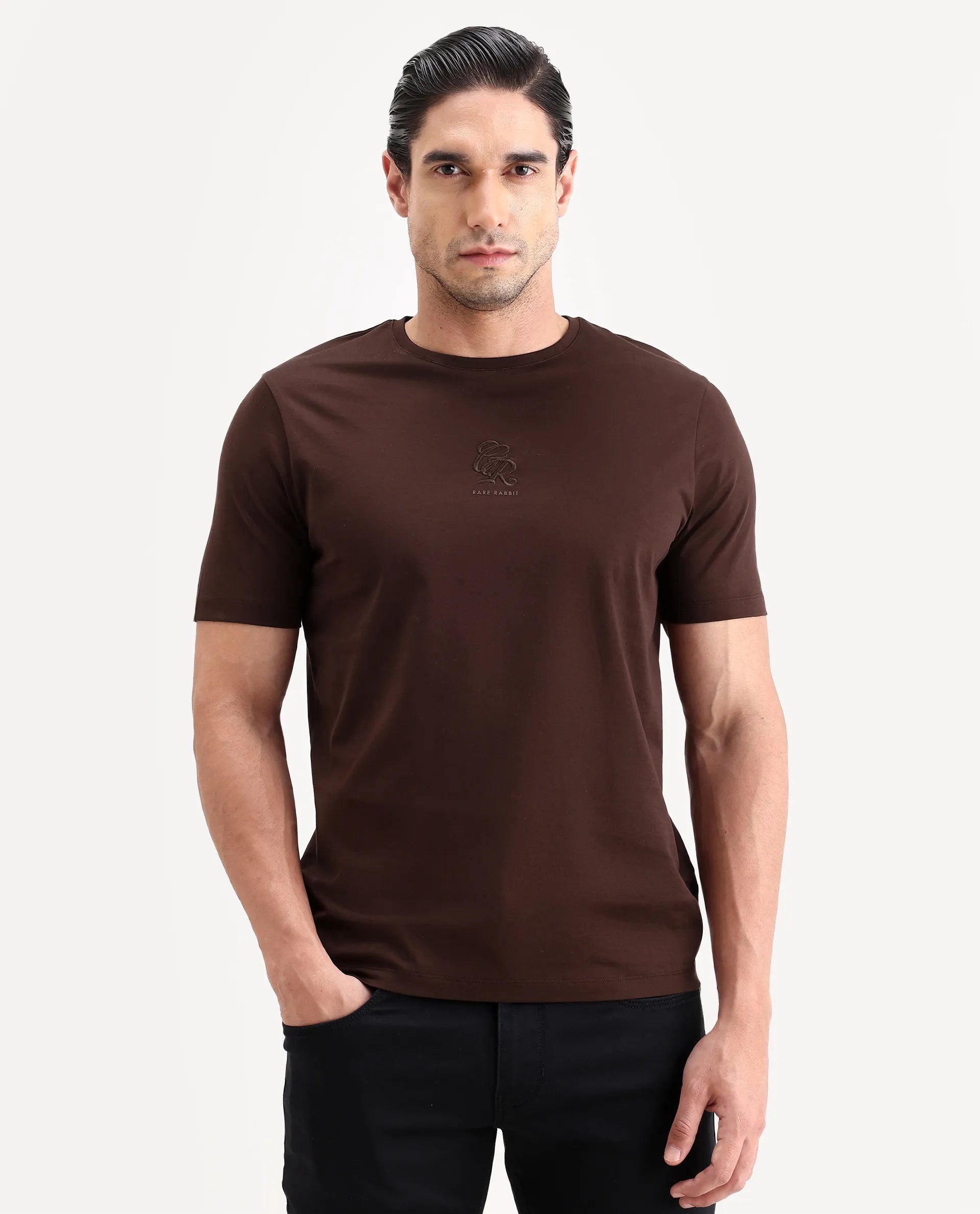 Rare Rabbit Men's Ject-S26 Dark Brown Cotton Fabric Half Sleeve Crew Neck Regular Fit Embroidered T-Shirt