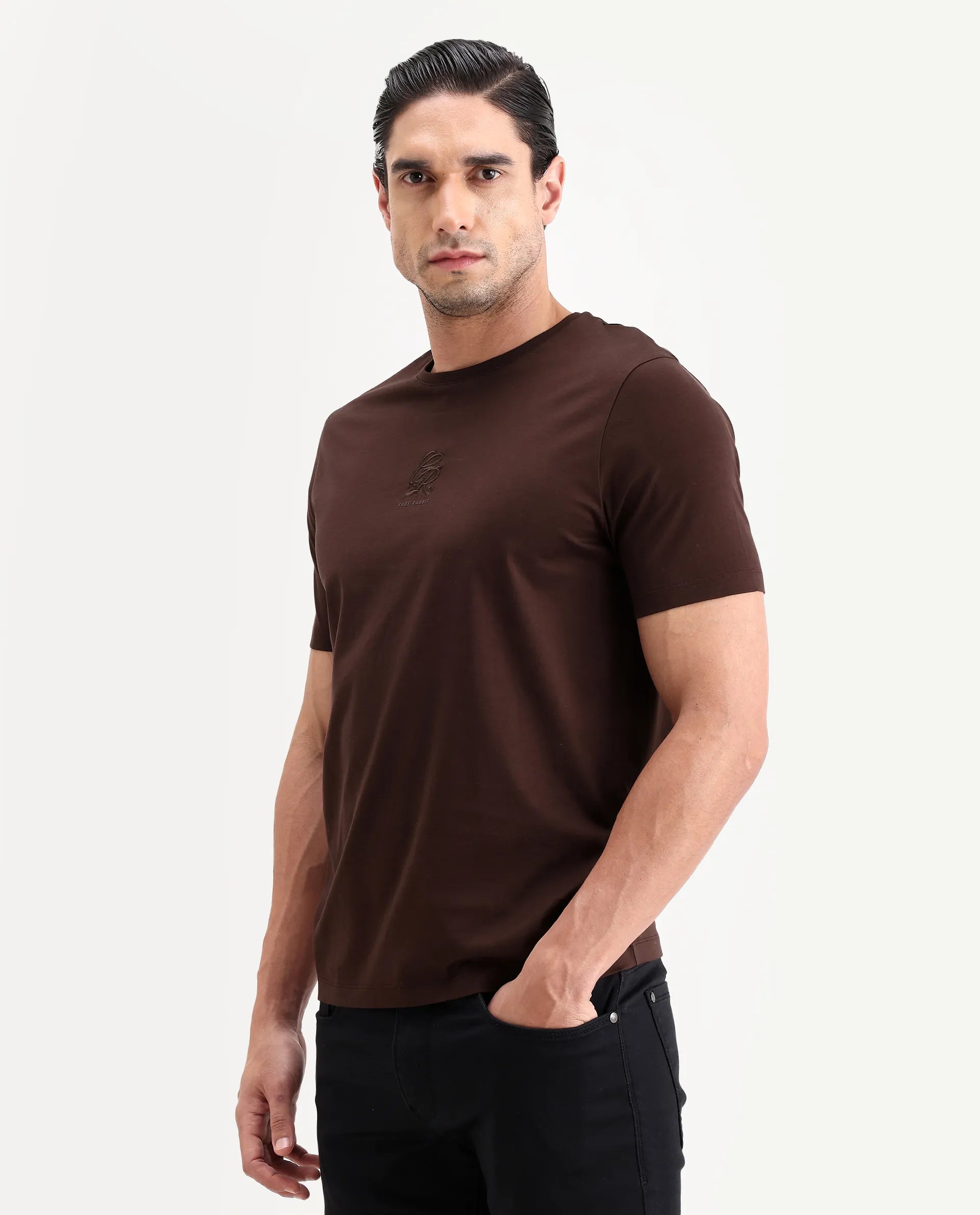 Rare Rabbit Men's Ject-S26 Dark Brown Cotton Fabric Half Sleeve Crew Neck Regular Fit Embroidered T-Shirt