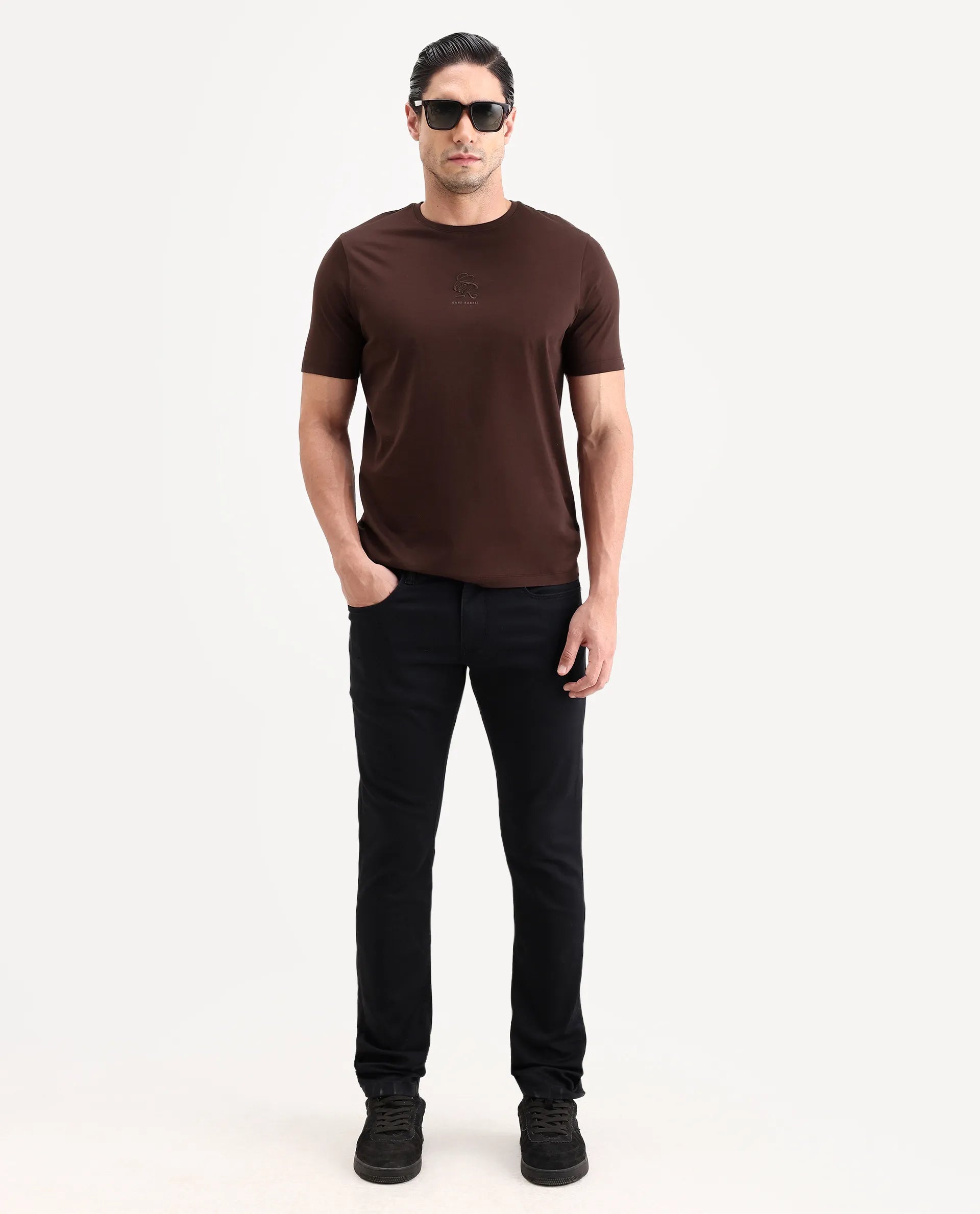 Rare Rabbit Men's Ject-S26 Dark Brown Cotton Fabric Half Sleeve Crew Neck Regular Fit Embroidered T-Shirt