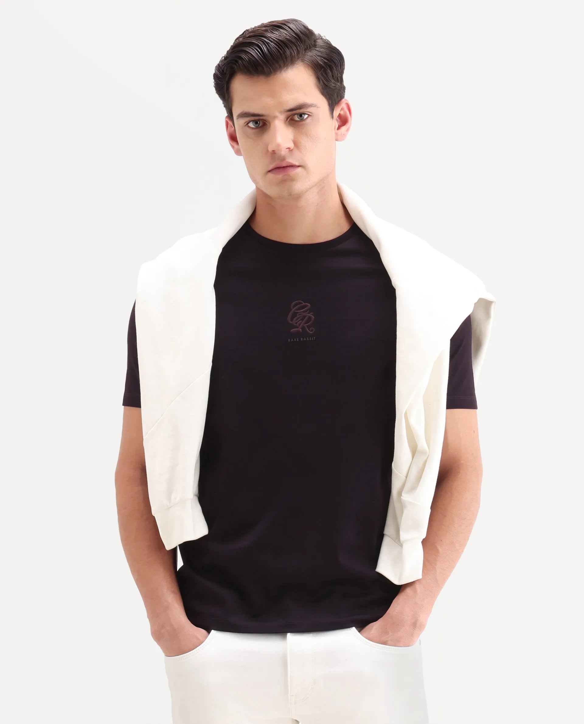 Rare Rabbit Men's Ject-S26 Dark Purple Cotton Fabric Half Sleeve Crew Neck Regular Fit Embroidered T-Shirt