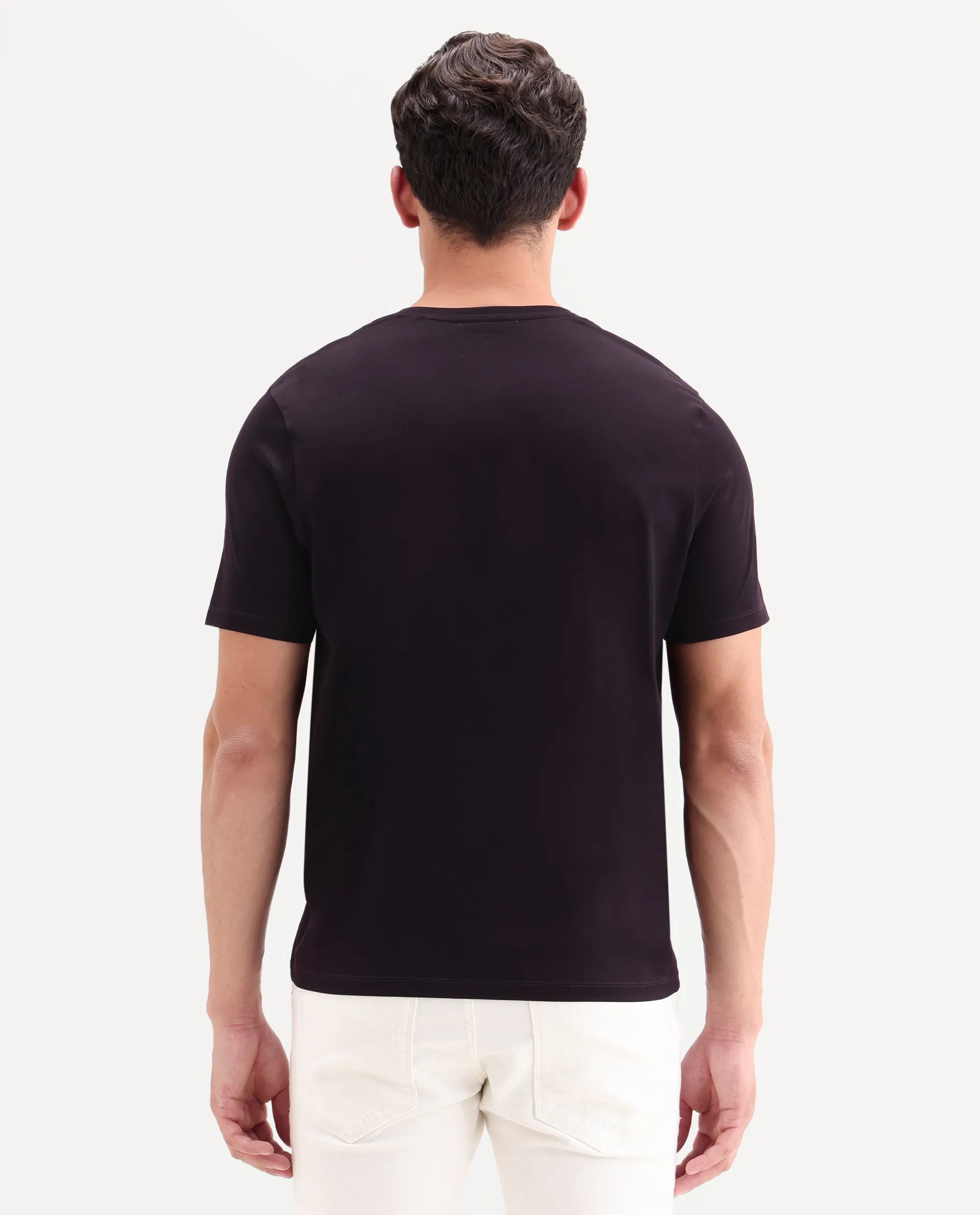 Rare Rabbit Men's Ject-S26 Dark Purple Cotton Fabric Half Sleeve Crew Neck Regular Fit Embroidered T-Shirt
