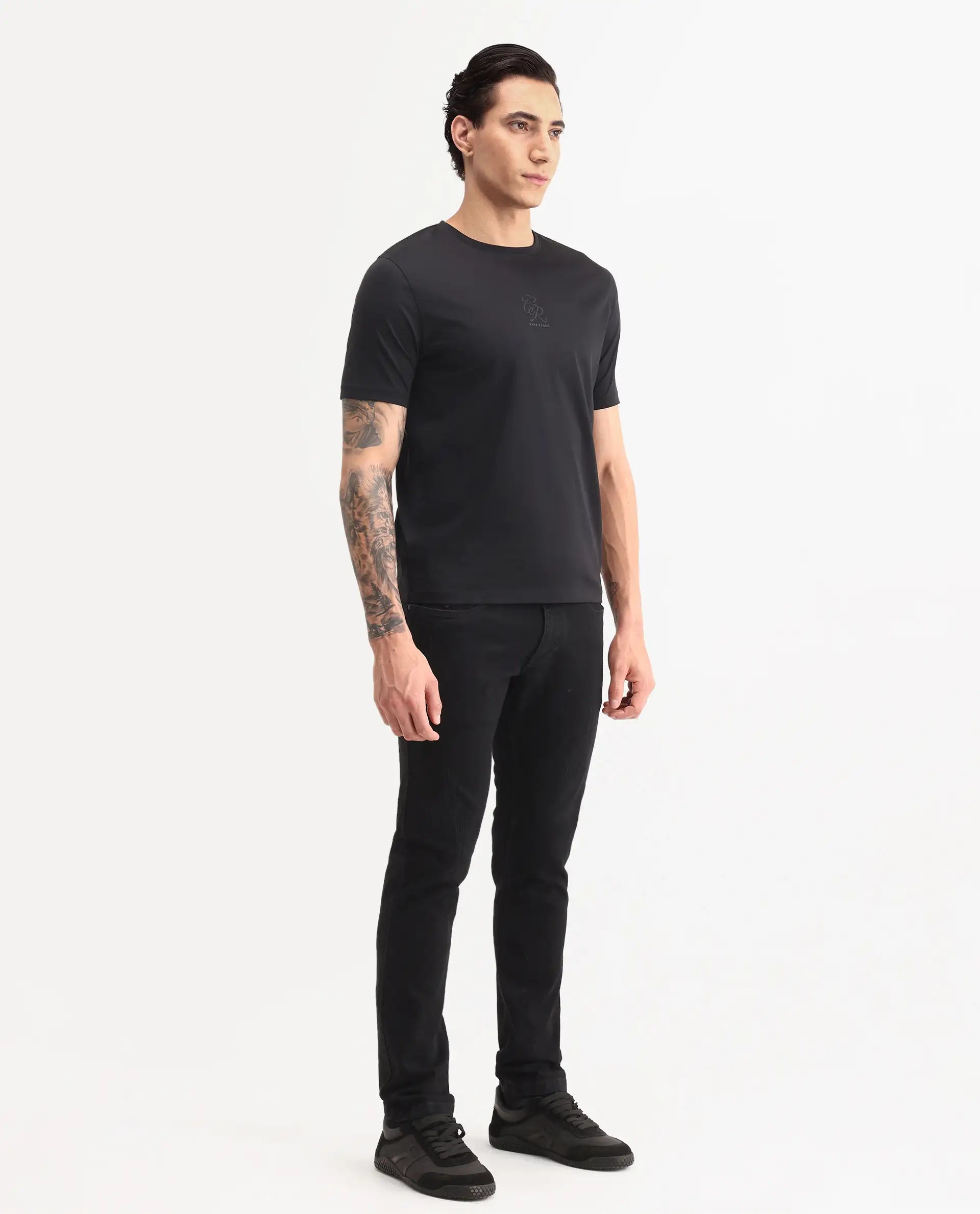 Rare Rabbit Men's Astra Bh Black Cotton Blend Fabric Shank And Zipper Hawk Slim Plain Jeans