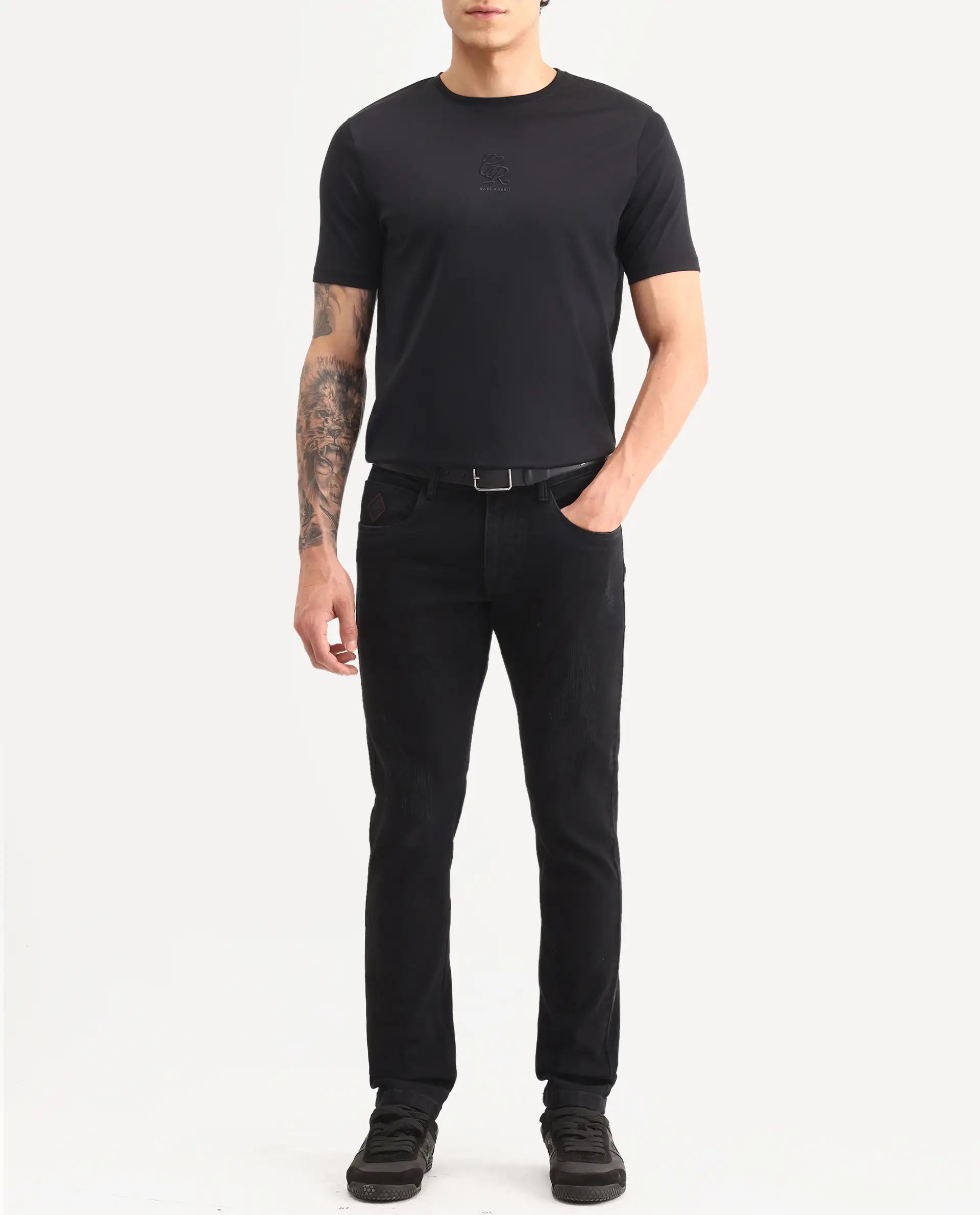 Rare Rabbit Men's Astra Bh Black Cotton Blend Fabric Shank And Zipper Hawk Slim Plain Jeans