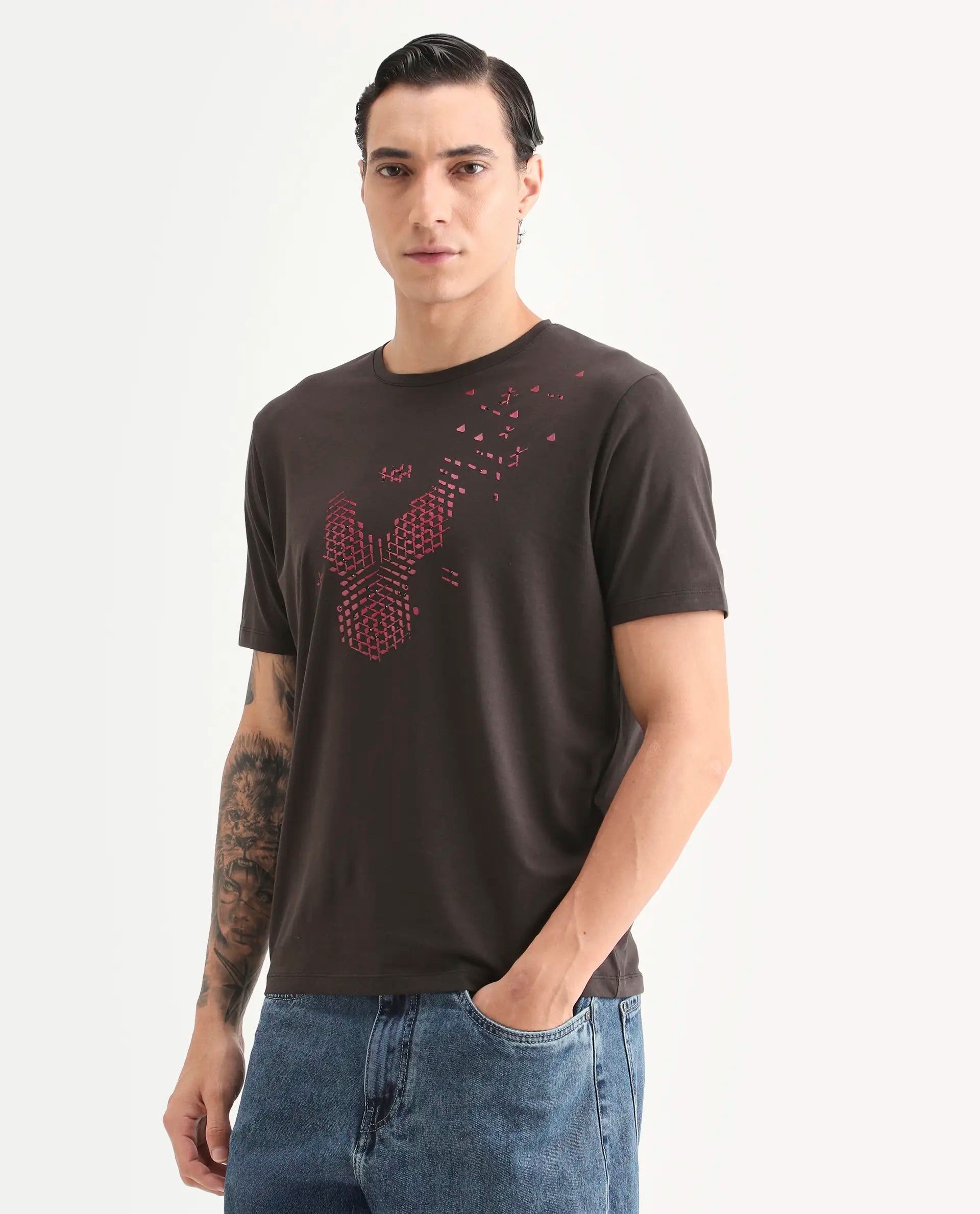 Rare Rabbit Men's Kast Dusky Brown Cotton Blend Fabric Half Sleeve Crew Neck Regular Fit Graphic Print T-Shirt