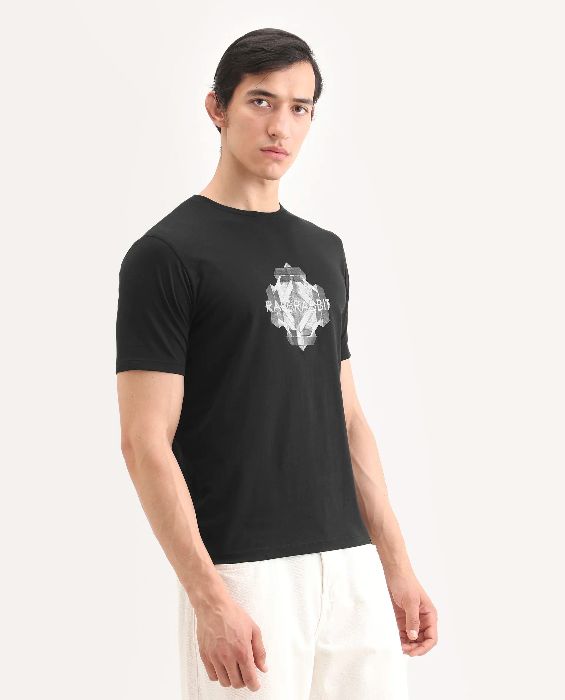 Rare Rabbit Men's Kuho Black Cotton Blend Fabric Half Sleeve Crew Neck Regular Fit Graphic Print T-Shirt