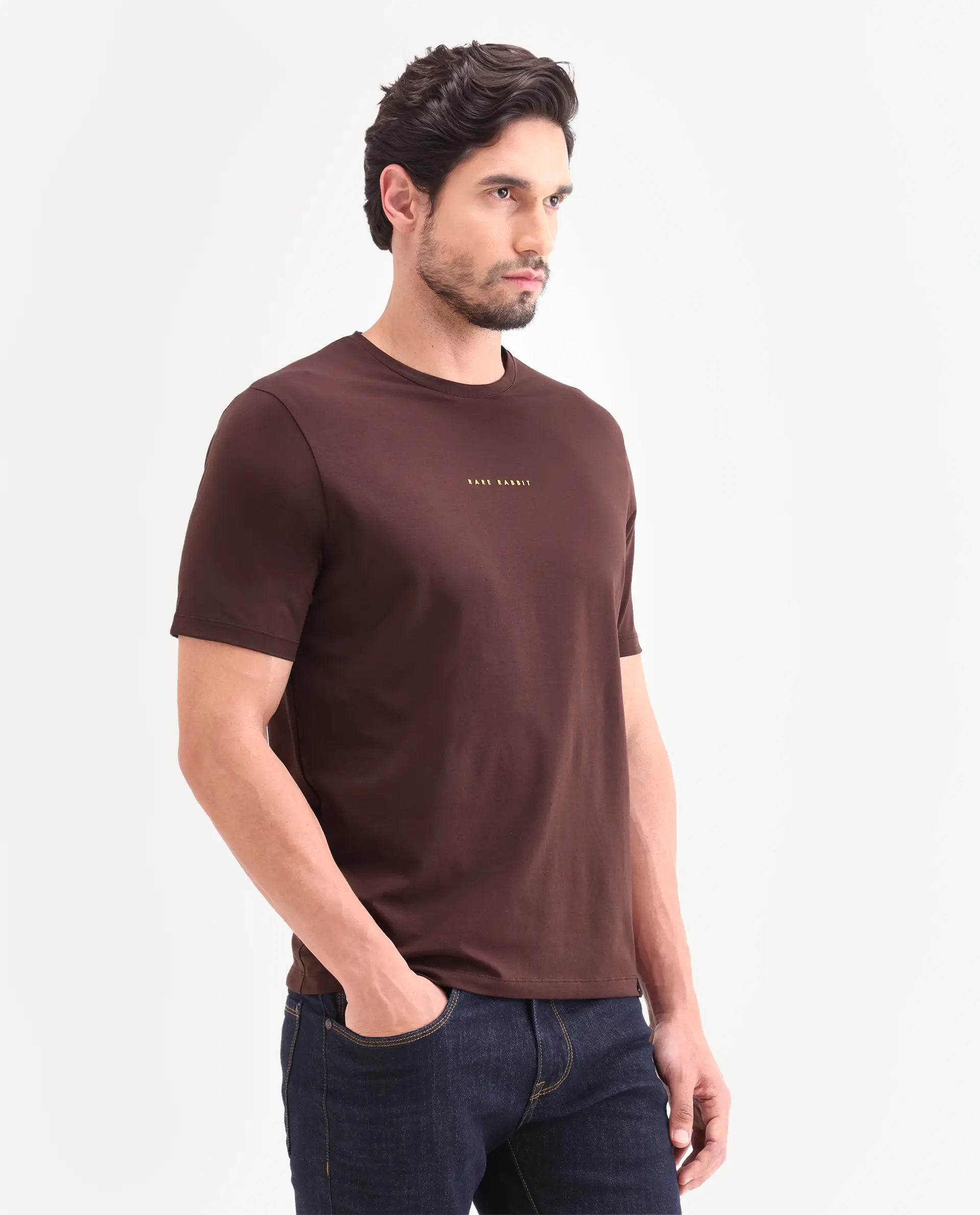 Rare Rabbit Men's Rabbit-26 Dark Brown Cotton Blend Fabric Half Sleeve Crew Neck Regular Fit Graphic Print T-Shirt