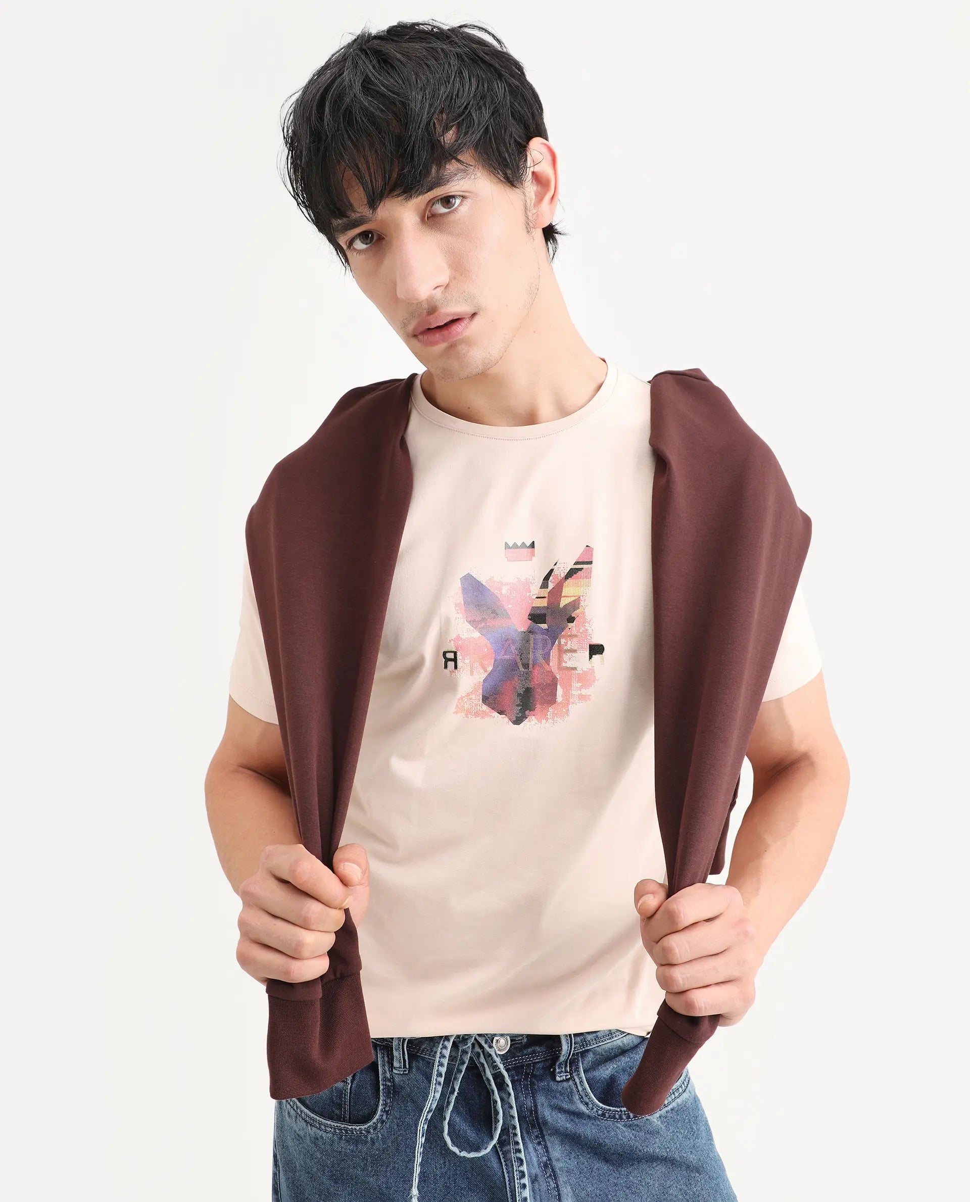 Rare Rabbit Men's Lan Pastel Orange Cotton Blend Fabric Half Sleeve Crew Neck Regular Fit Graphic Print T-Shirt