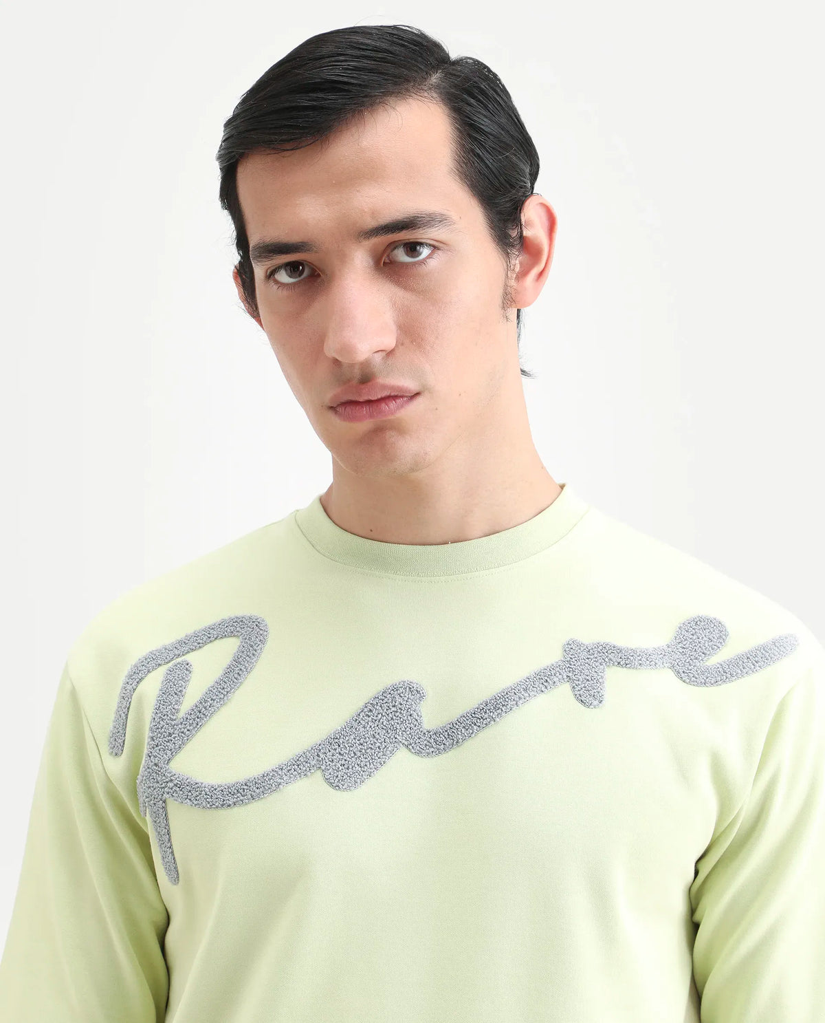 Rare Rabbit Men's Lerc-S26 Flouroscent Yellow Cotton Blend Fabric Half Sleeve Crew Neck Oversize Embroidered T-Shirt