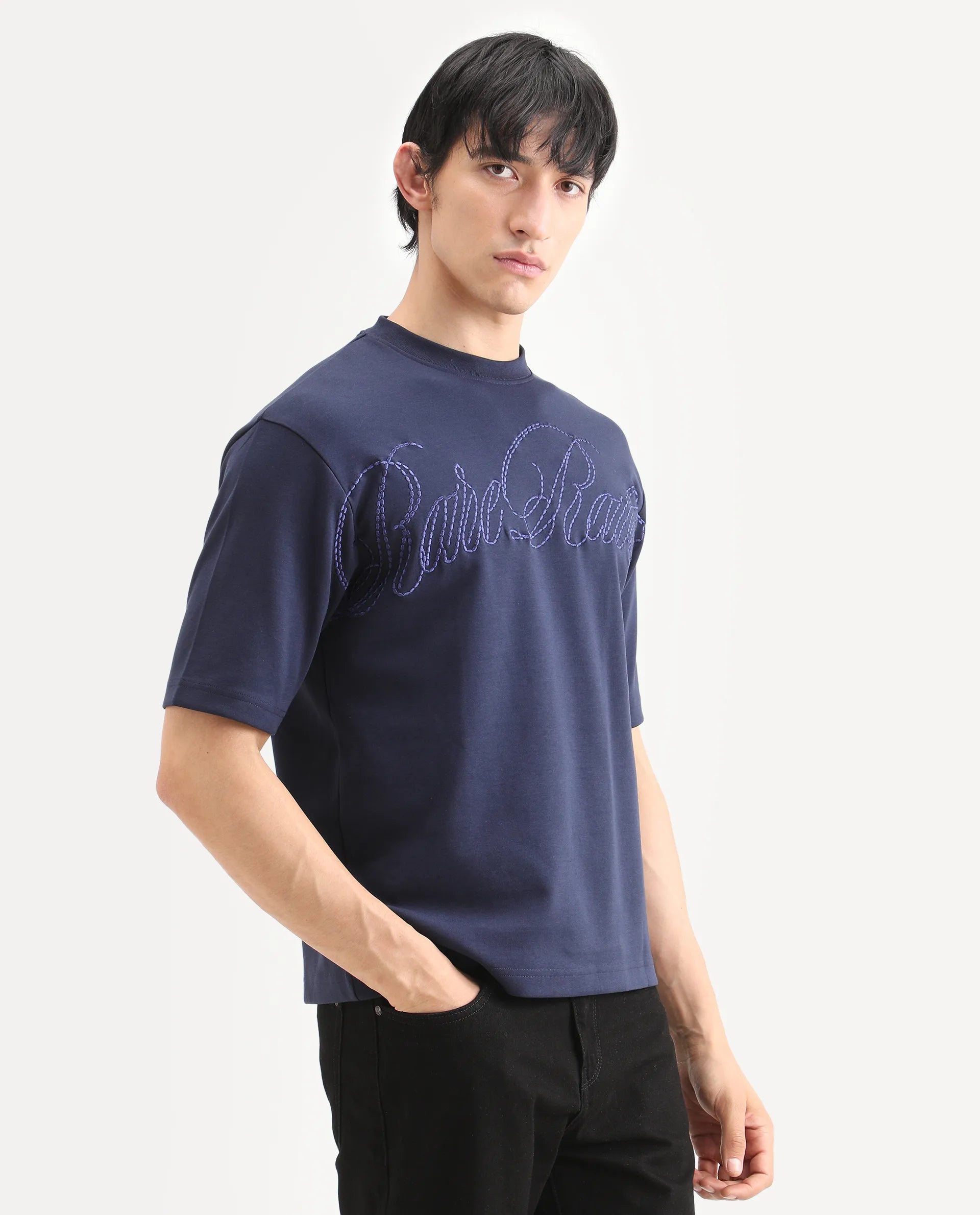 Rare Rabbit Men's Lort Dusky Navy Cotton Blend Fabric Half Sleeve Crew Neck Oversize Embroidered T-Shirt