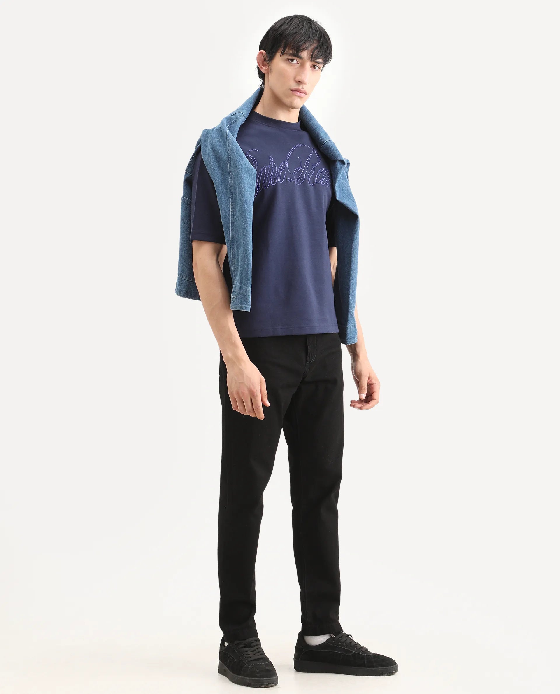 Rare Rabbit Men's Lort Dusky Navy Cotton Blend Fabric Half Sleeve Crew Neck Oversize Embroidered T-Shirt