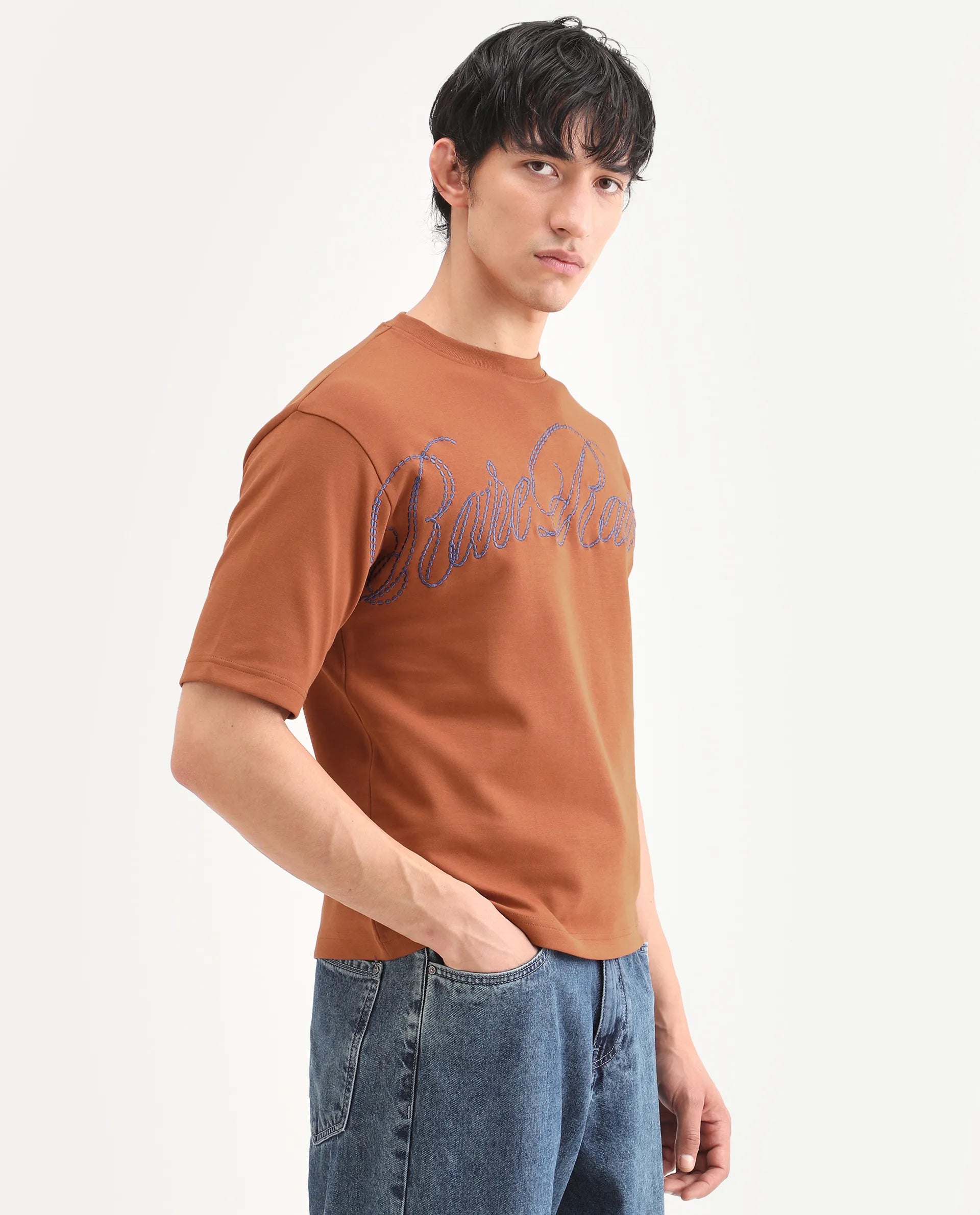 Rare Rabbit Men's Lort Dark Orange Cotton Blend Fabric Half Sleeve Crew Neck Oversize Embroidered T-Shirt