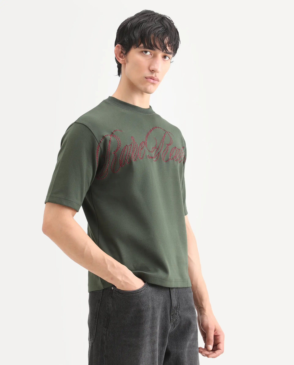Rare Rabbit Men's Lort Dusky Green Cotton Blend Fabric Half Sleeve Crew Neck Oversize Embroidered T-Shirt