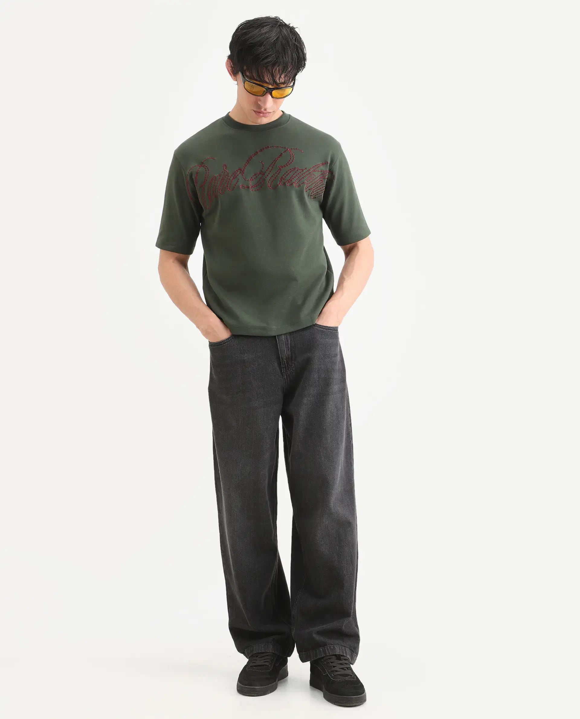 Rare Rabbit Men's Lort Dusky Green Cotton Blend Fabric Half Sleeve Crew Neck Oversize Embroidered T-Shirt