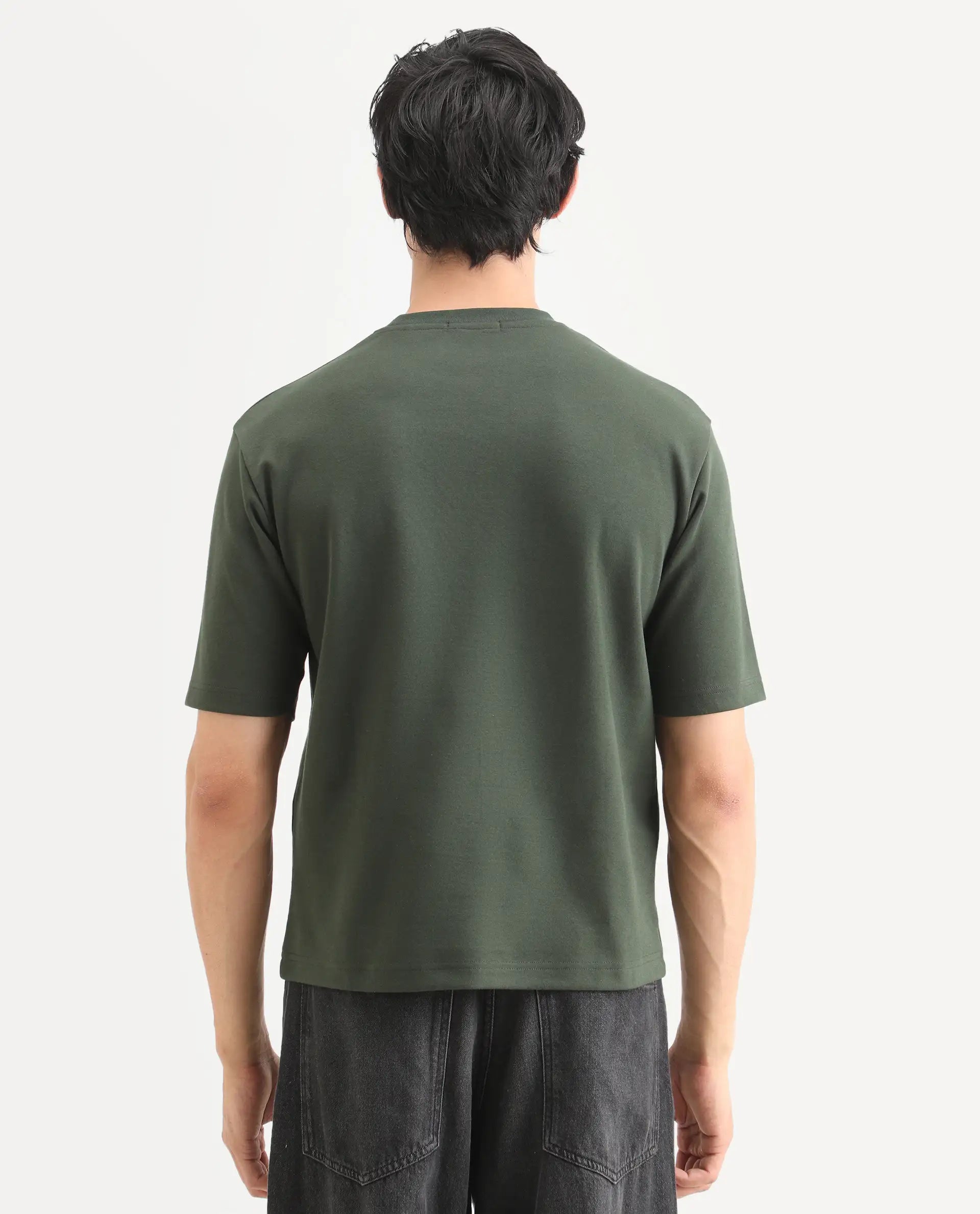 Rare Rabbit Men's Lort Dusky Green Cotton Blend Fabric Half Sleeve Crew Neck Oversize Embroidered T-Shirt