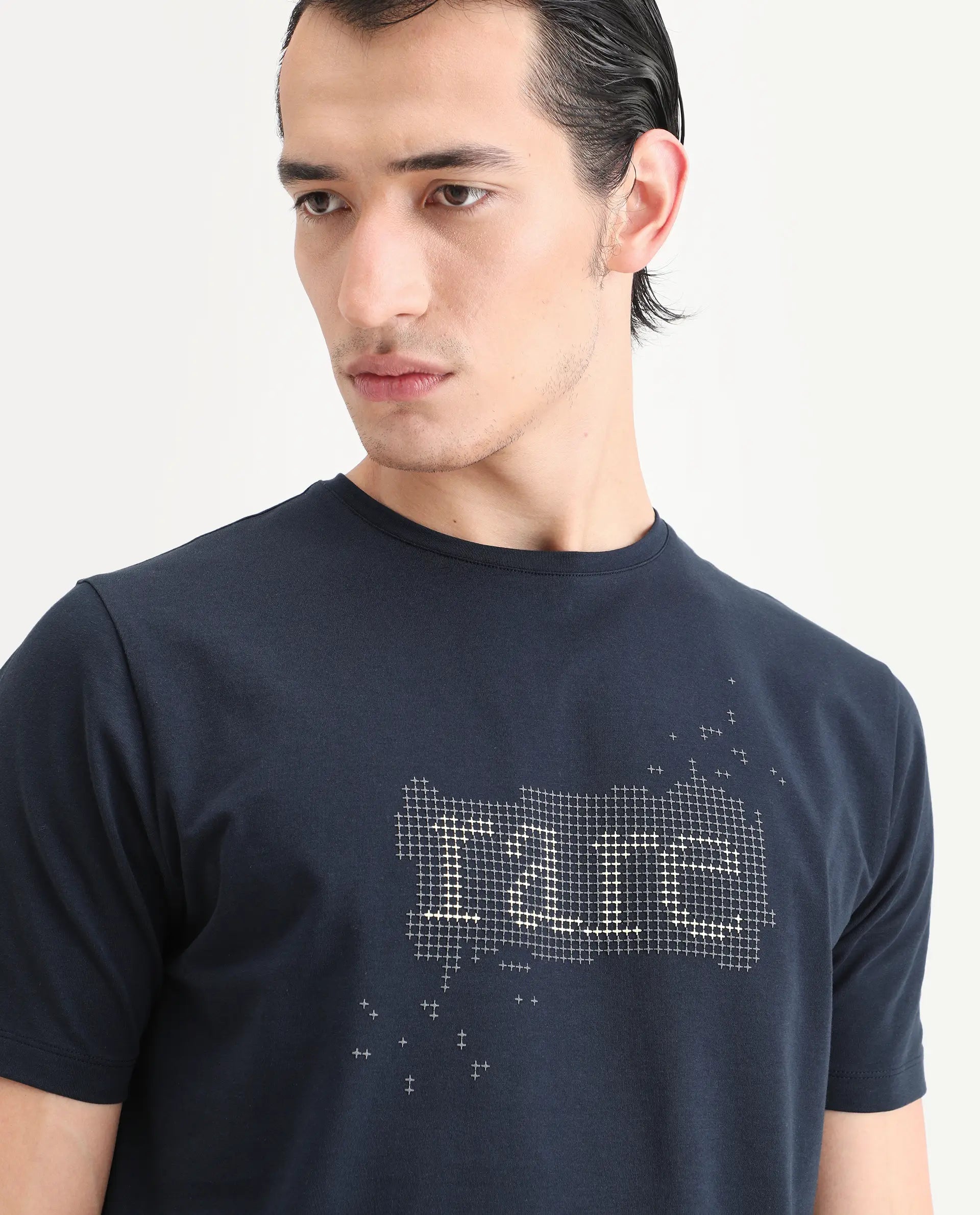 Rare Rabbit Men's Lyne Dark Navy Cotton Blend Fabric Half Sleeve Crew Neck Regular Fit Graphic Print T-Shirt
