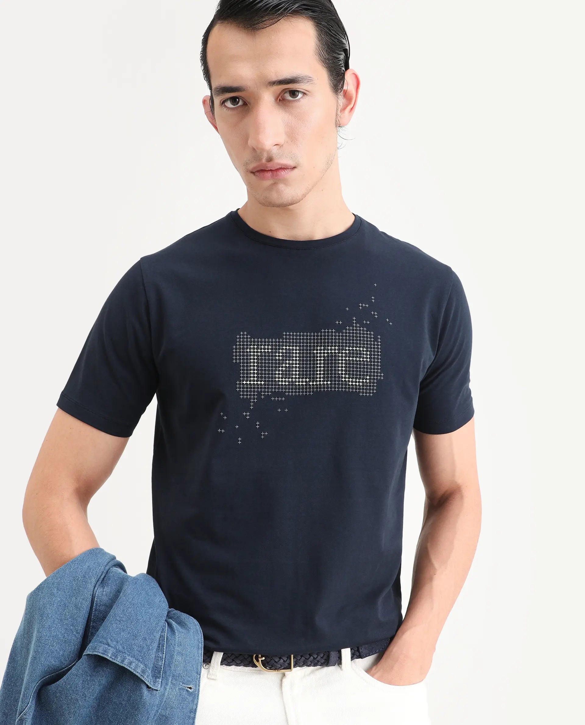 Rare Rabbit Men's Lyne Dark Navy Cotton Blend Fabric Half Sleeve Crew Neck Regular Fit Graphic Print T-Shirt