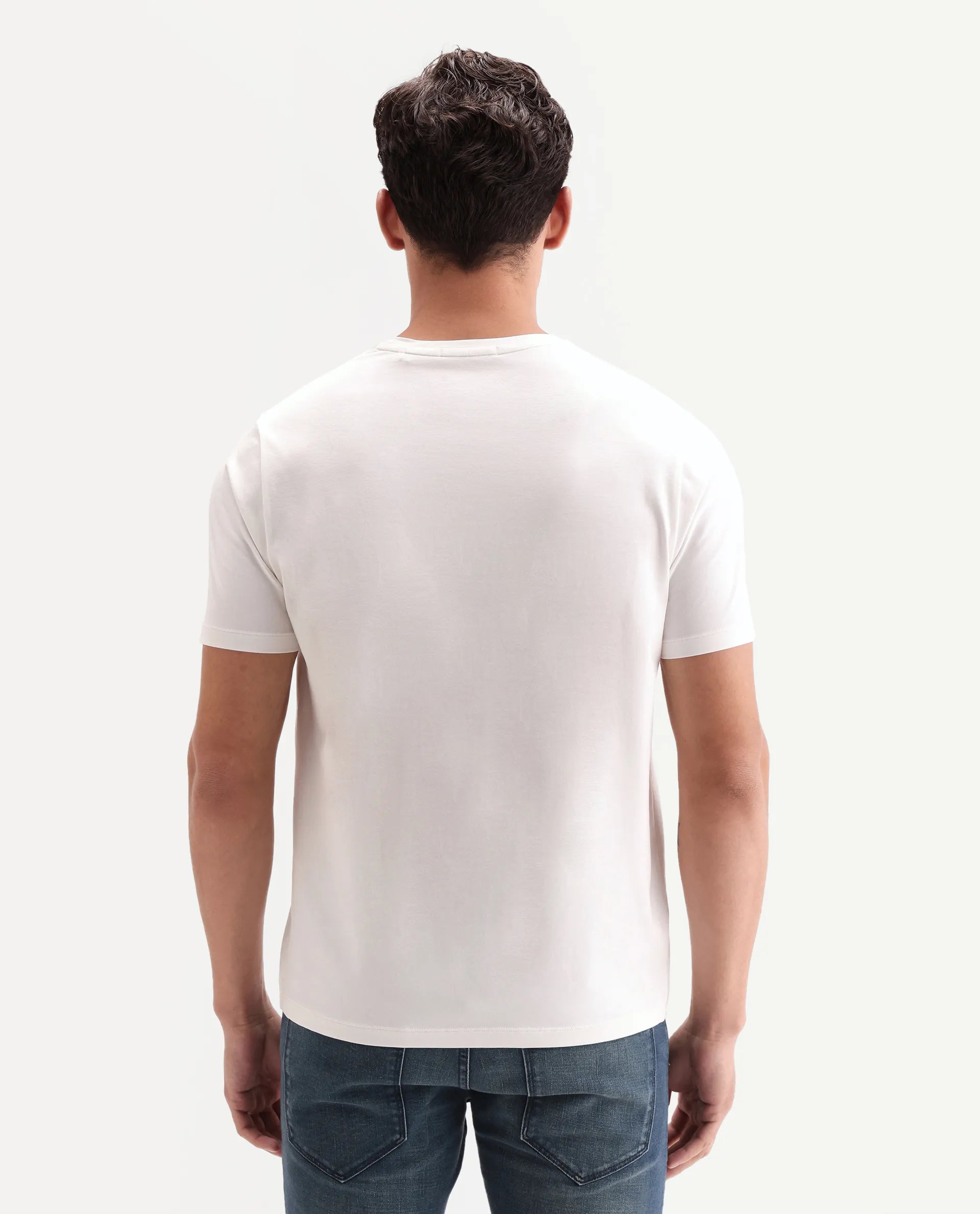 Rare Rabbit Men's Ments Off White Cotton Blend Fabric Half Sleeve Crew Neck Regular Fit Graphic Print T-Shirt