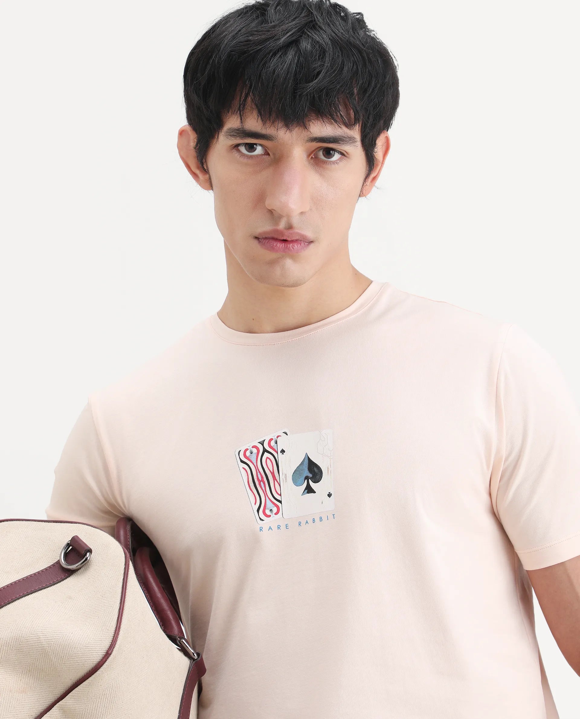 Rare Rabbit Men's Mich Pastel Peach Cotton Blend Fabric Half Sleeve Crew Neck Regular Fit Graphic Print T-Shirt
