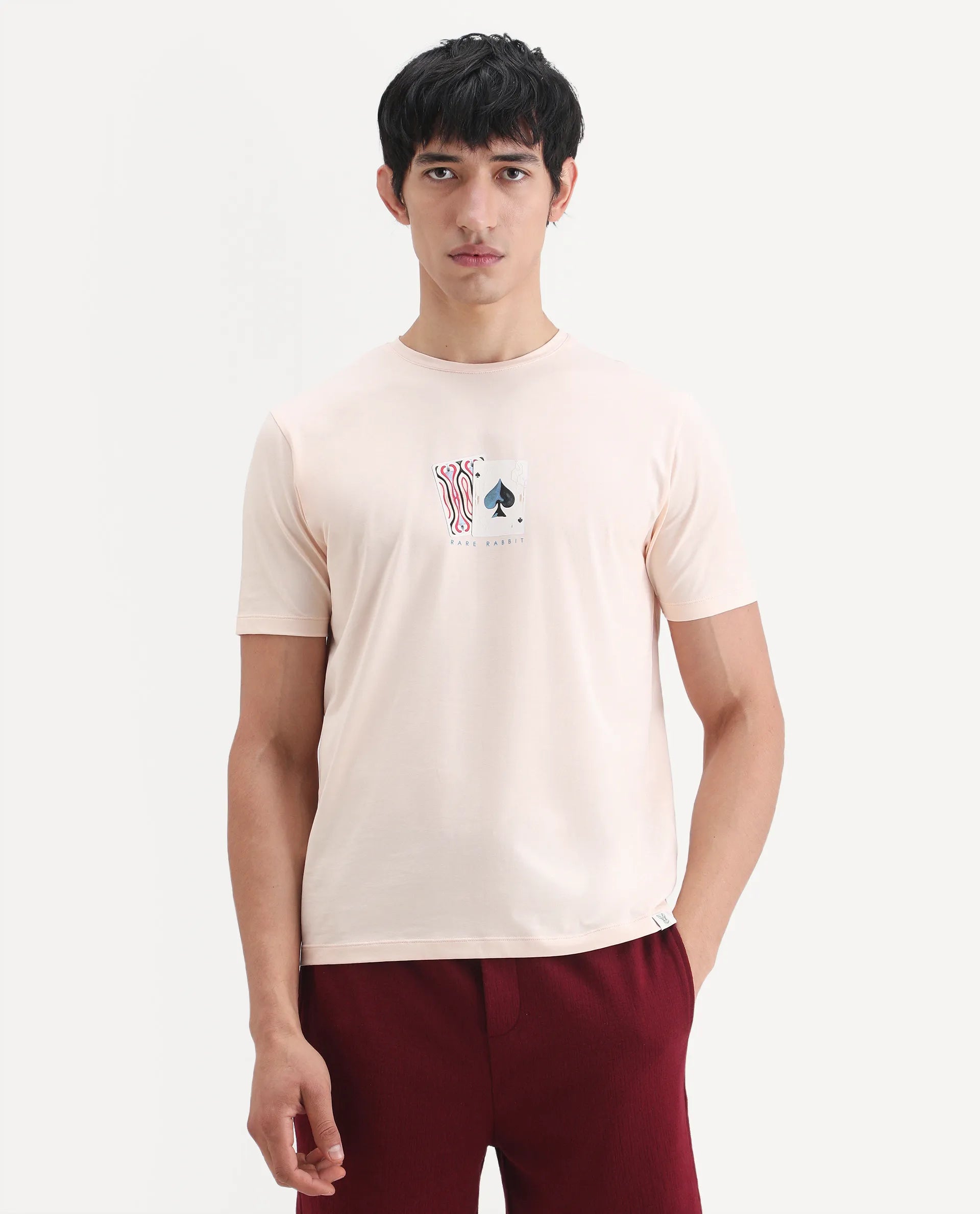Rare Rabbit Men's Mich Pastel Peach Cotton Blend Fabric Half Sleeve Crew Neck Regular Fit Graphic Print T-Shirt
