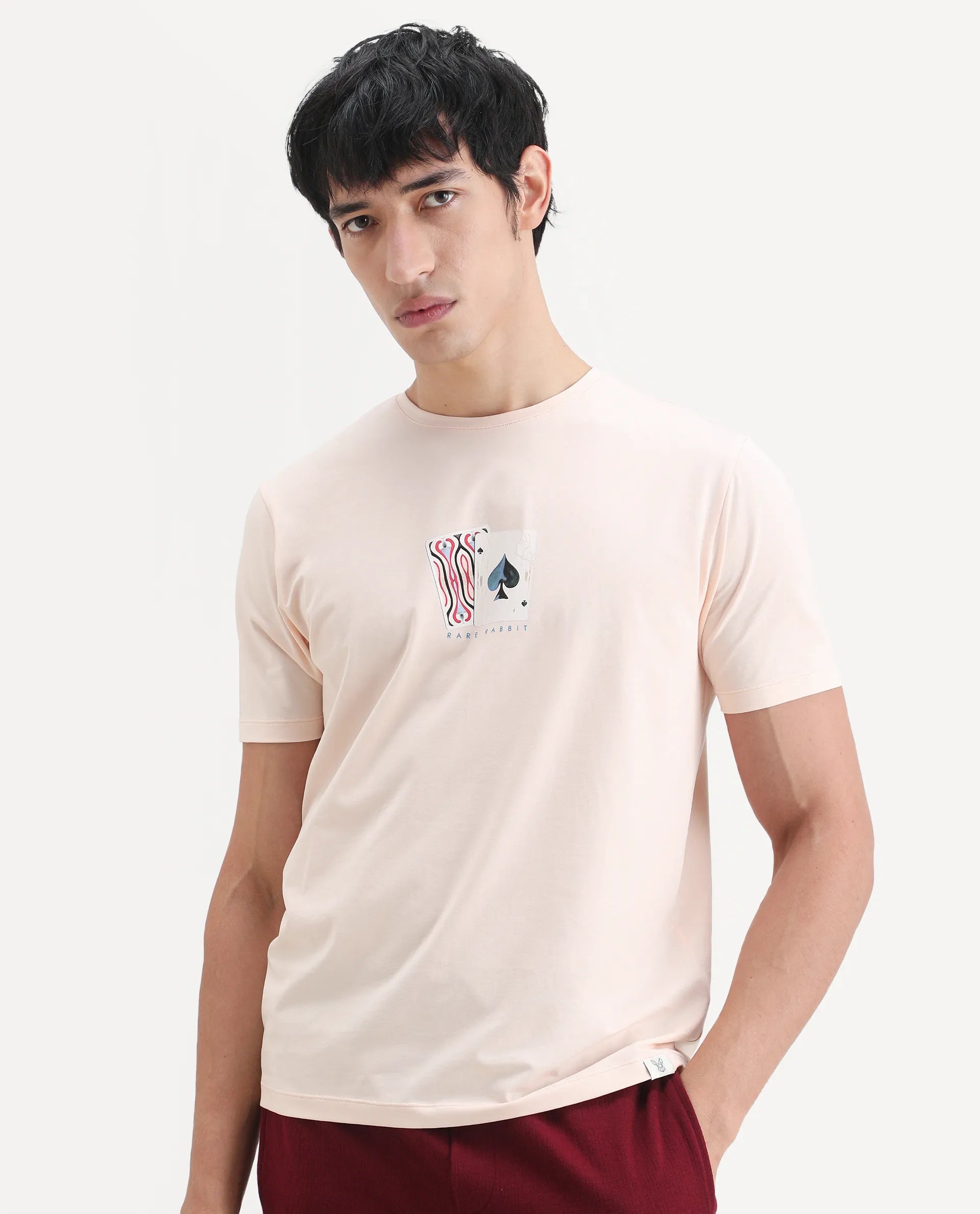 Rare Rabbit Men's Mich Pastel Peach Cotton Blend Fabric Half Sleeve Crew Neck Regular Fit Graphic Print T-Shirt