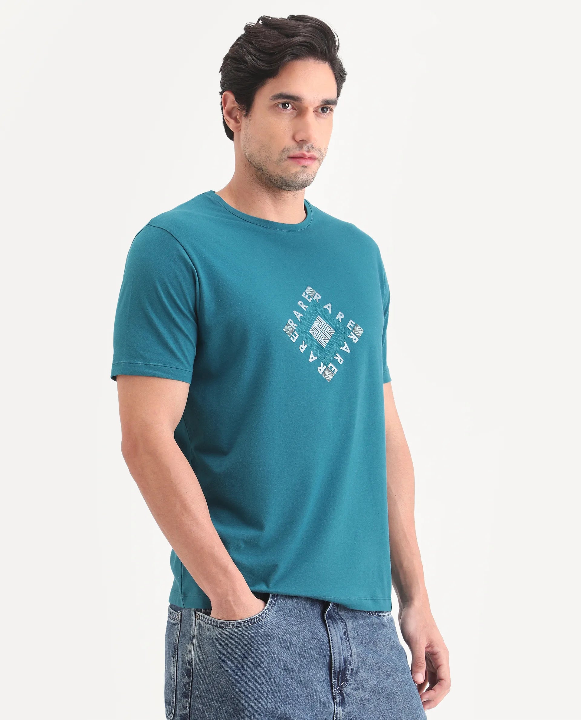 Rare Rabbit Men's Mich Flouroscent Blue Cotton Blend Fabric Half Sleeve Crew Neck Regular Fit Graphic Print T-Shirt