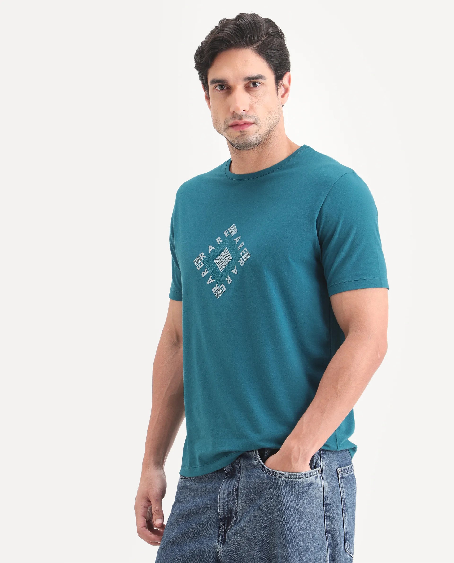 Rare Rabbit Men's Mich Flouroscent Blue Cotton Blend Fabric Half Sleeve Crew Neck Regular Fit Graphic Print T-Shirt
