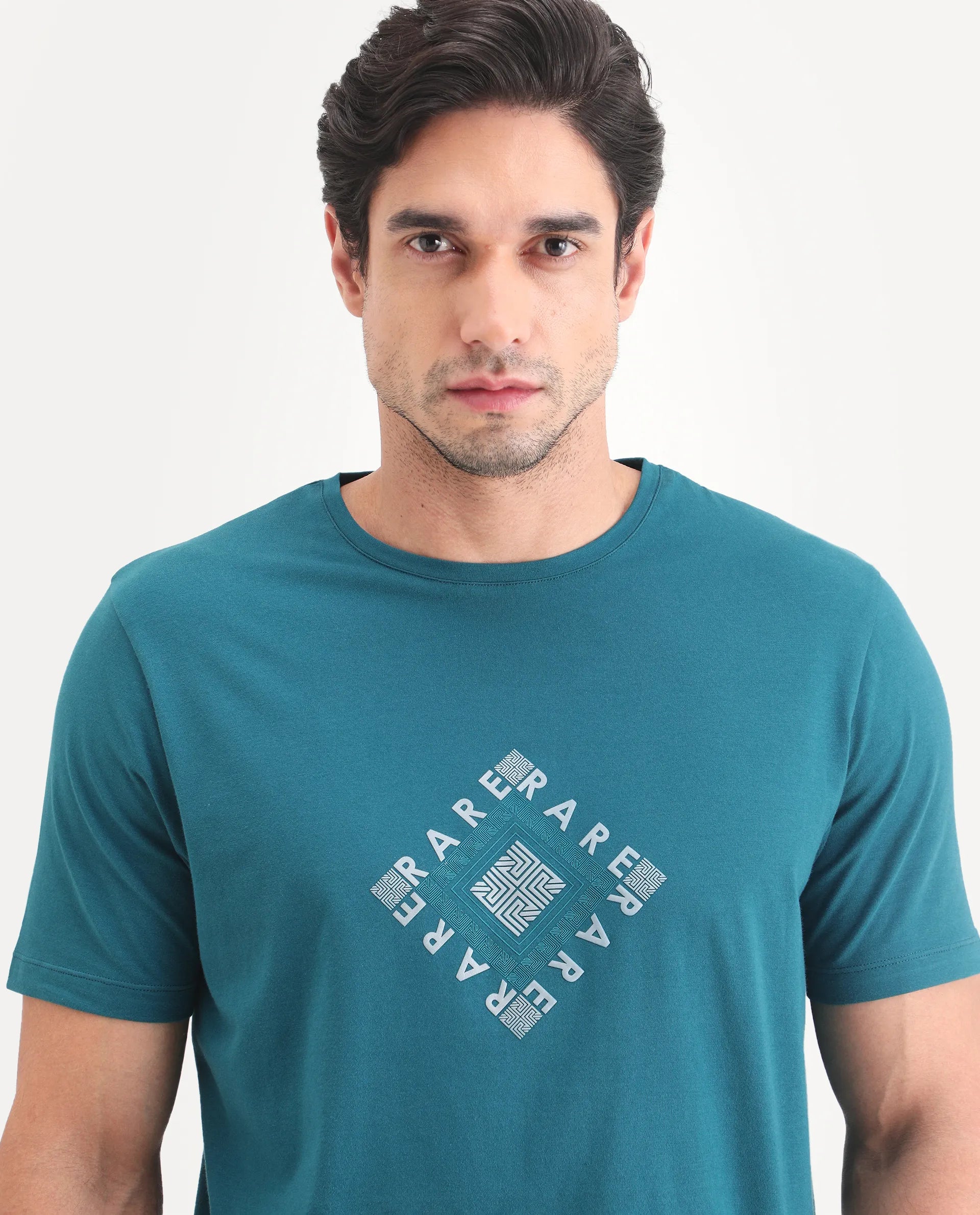 Rare Rabbit Men's Mich Flouroscent Blue Cotton Blend Fabric Half Sleeve Crew Neck Regular Fit Graphic Print T-Shirt