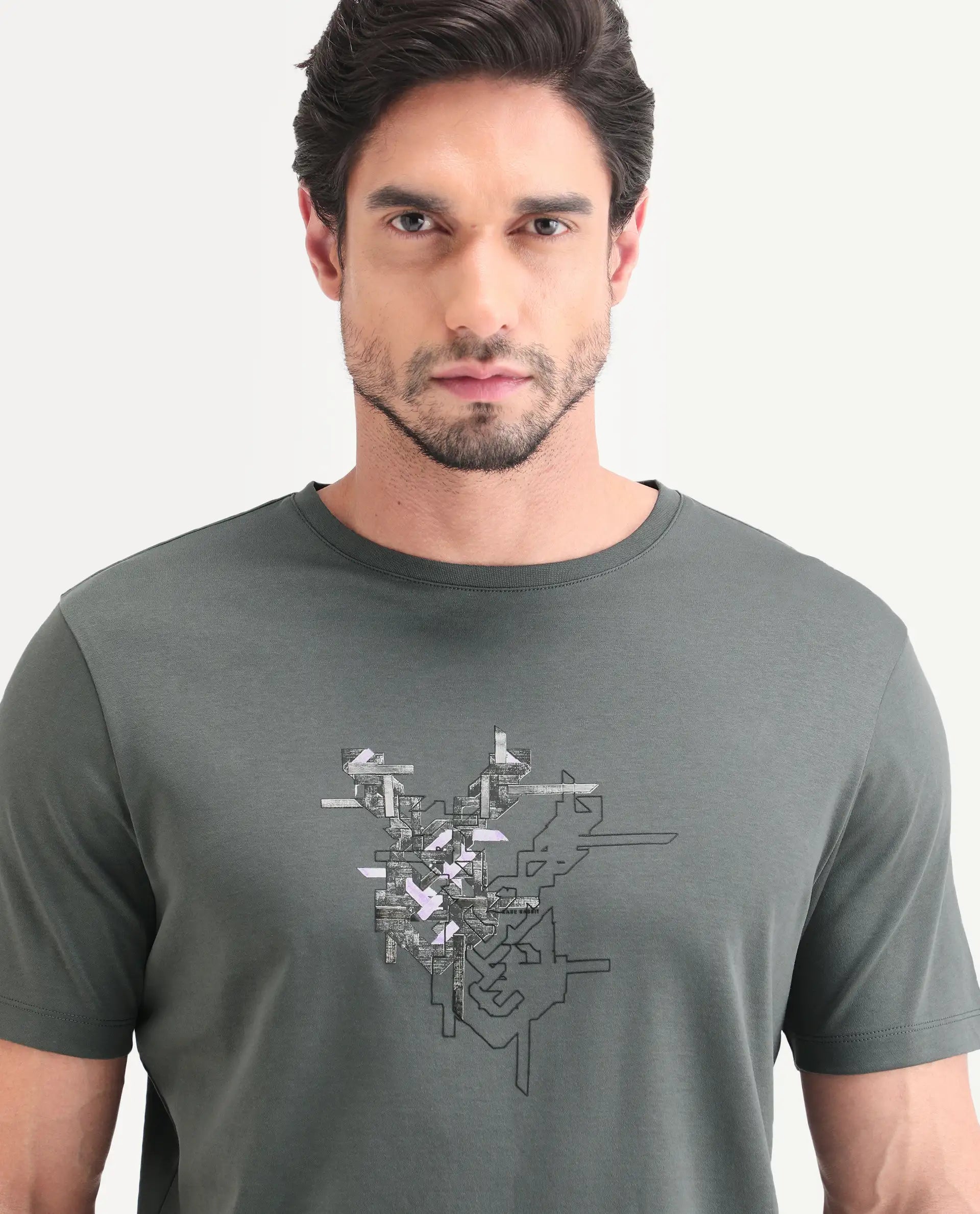 Rare Rabbit Men's Nabo Grey Cotton Fabric Half Sleeve Crew Neck Regular Fit Graphic Print T-Shirt