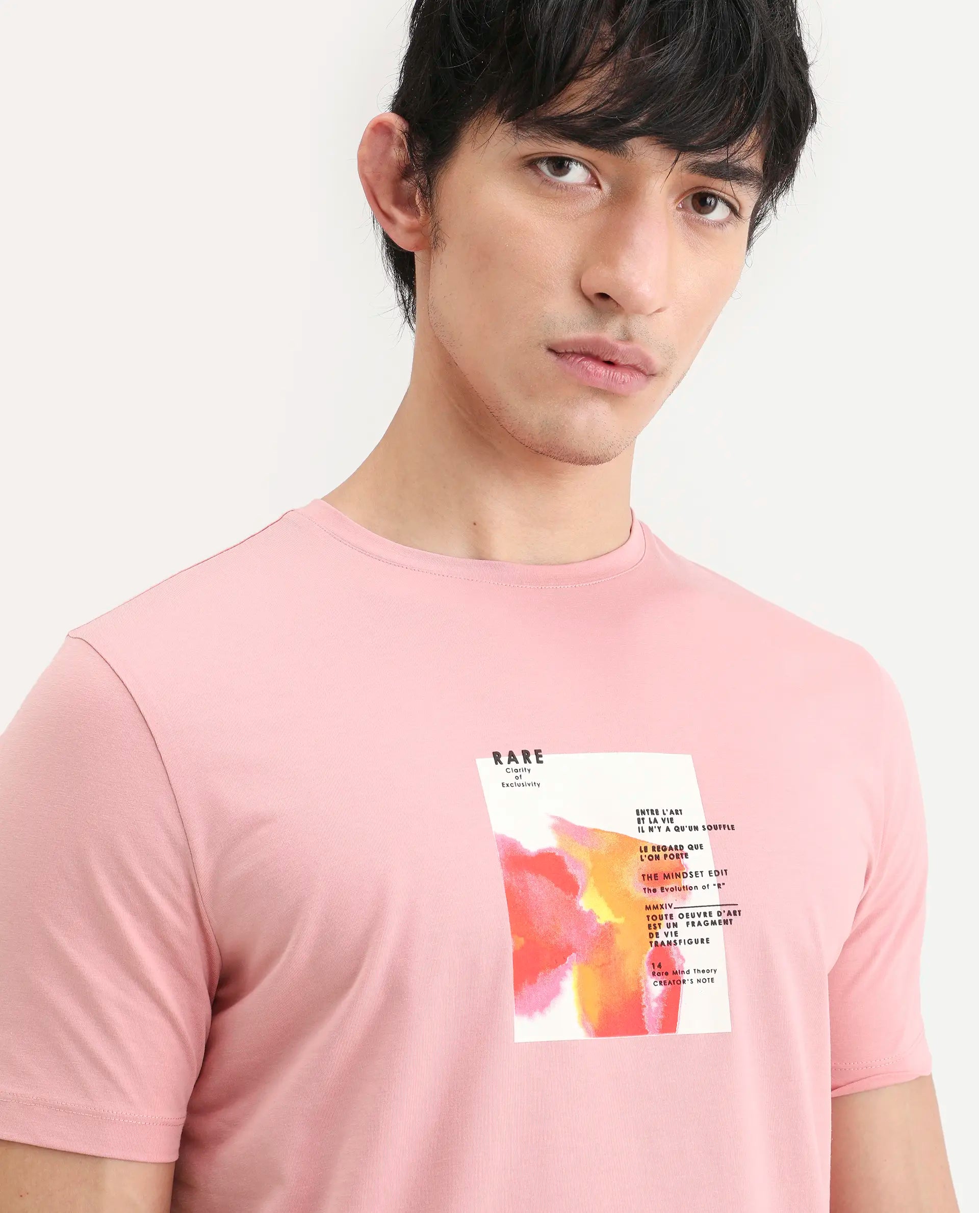 Rare Rabbit Men's Nes Pink Cotton Blend Fabric Half Sleeve Crew Neck Regular Fit Graphic Print T-Shirt