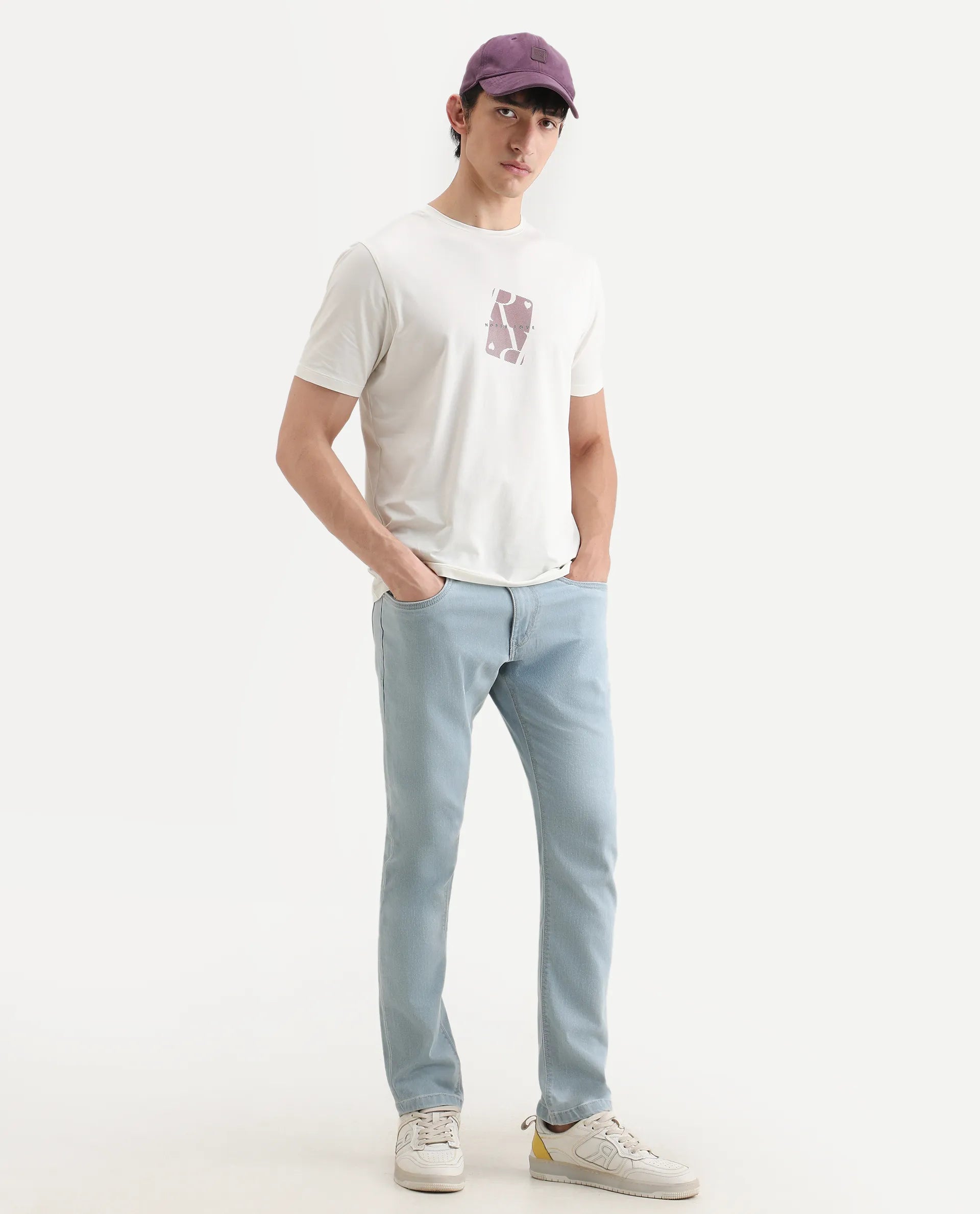 Rare Rabbit Men's Nord White Cotton Blend Fabric Half Sleeve Crew Neck Regular Fit Graphic Print T-Shirt