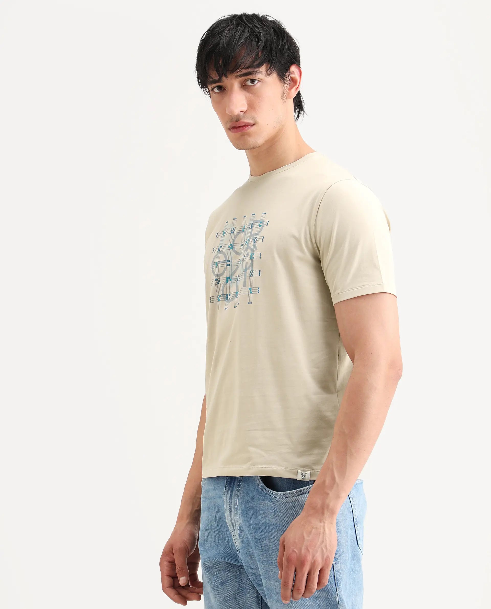 Rare Rabbit Men's Orem Light Beige Cotton Blend Fabric Half Sleeve Crew Neck Regular Fit Graphic Print T-Shirt