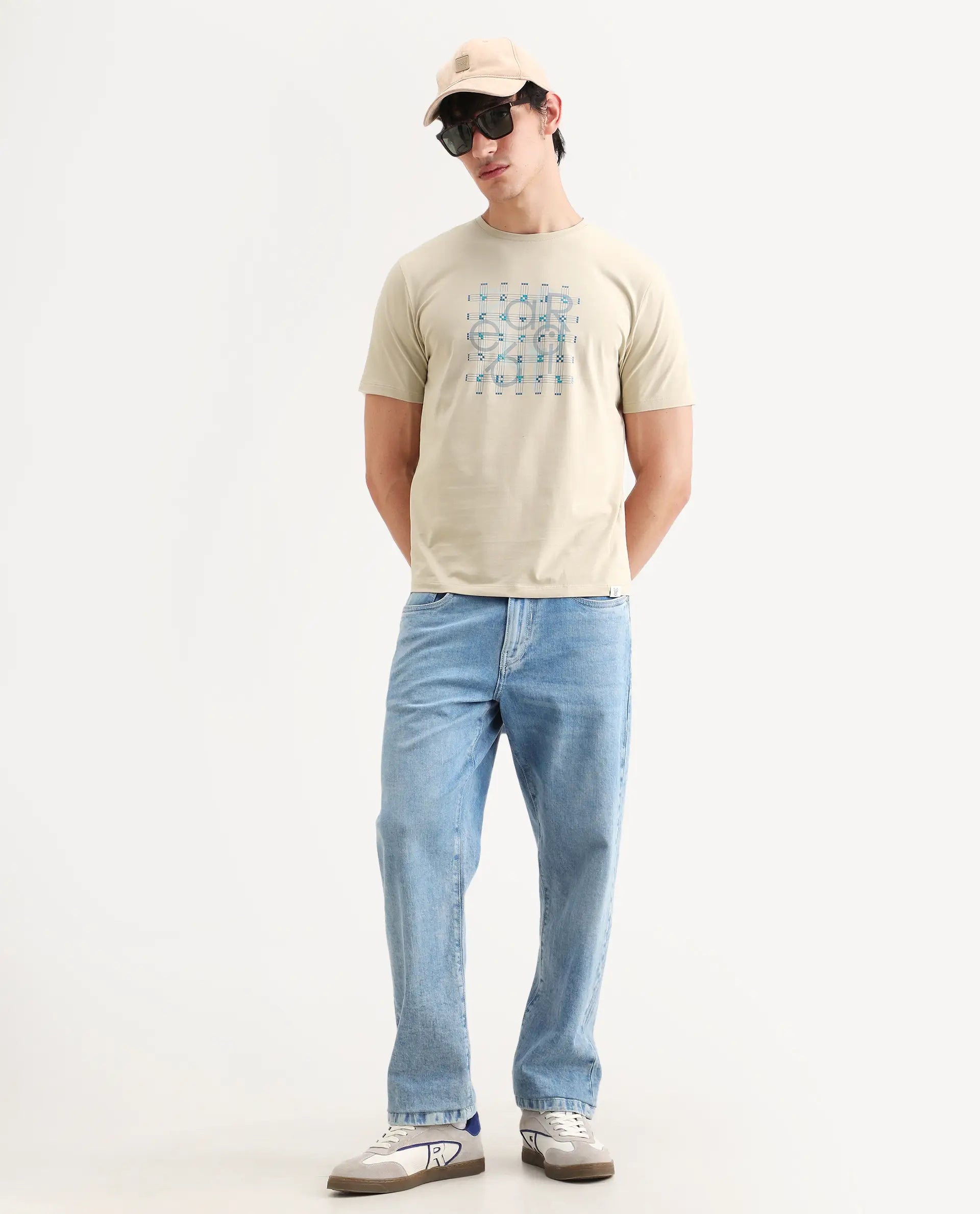 Rare Rabbit Men's Orem Light Beige Cotton Blend Fabric Half Sleeve Crew Neck Regular Fit Graphic Print T-Shirt