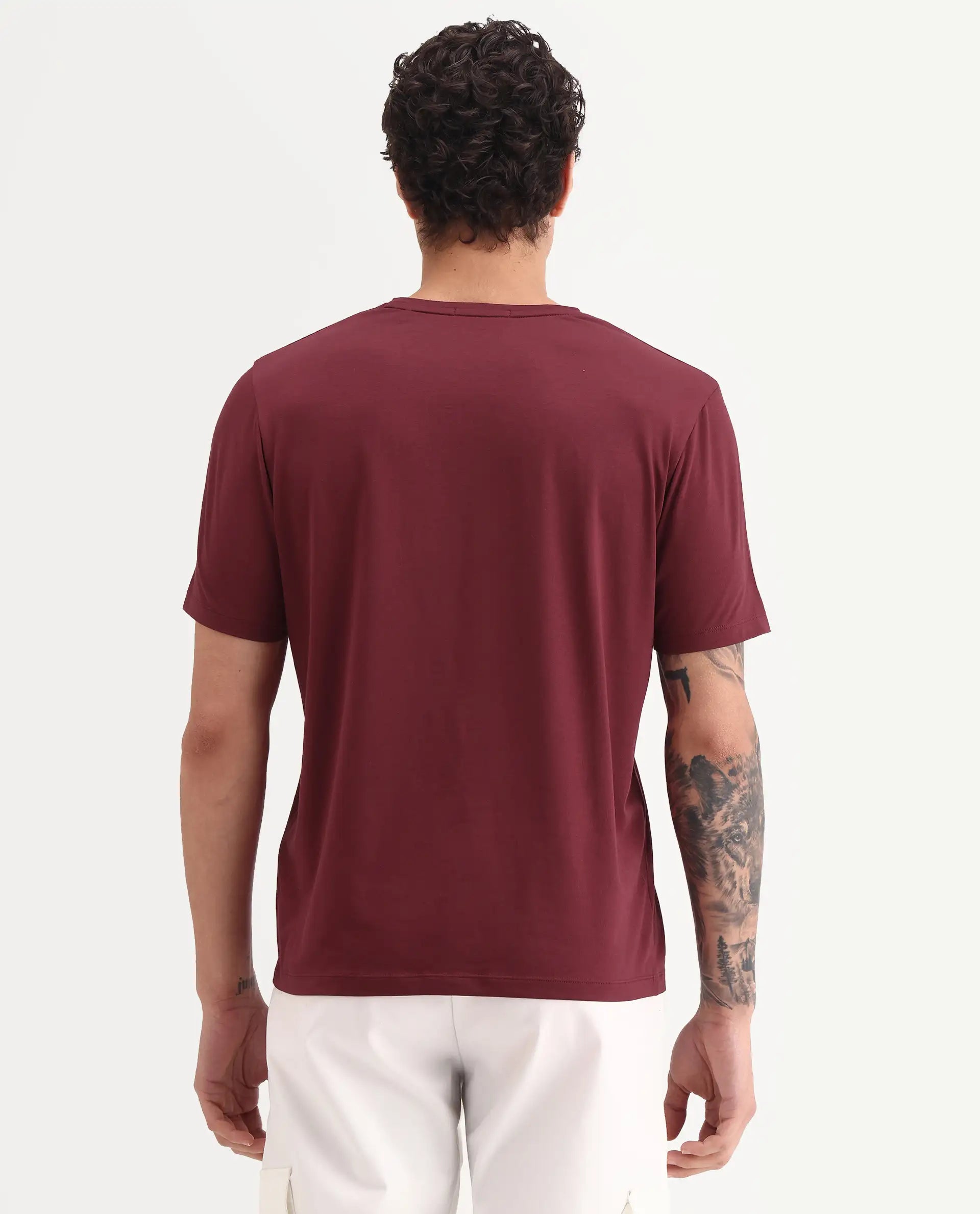Rare Rabbit Men's Outi Dark Red Cotton Blend Fabric Half Sleeve Crew Neck Regular Fit Graphic Print T-Shirt