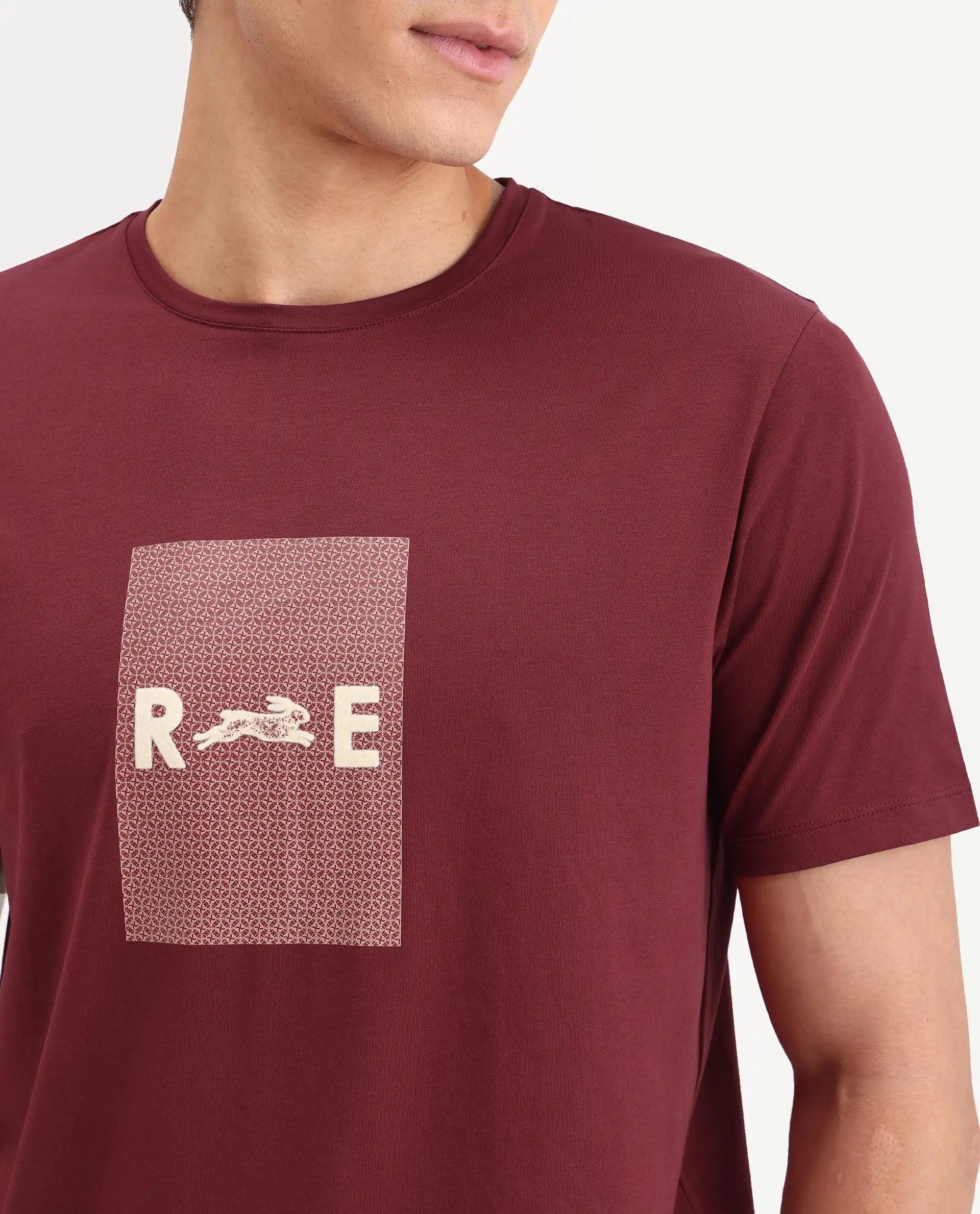 Rare Rabbit Men's Outi Dark Red Cotton Blend Fabric Half Sleeve Crew Neck Regular Fit Graphic Print T-Shirt