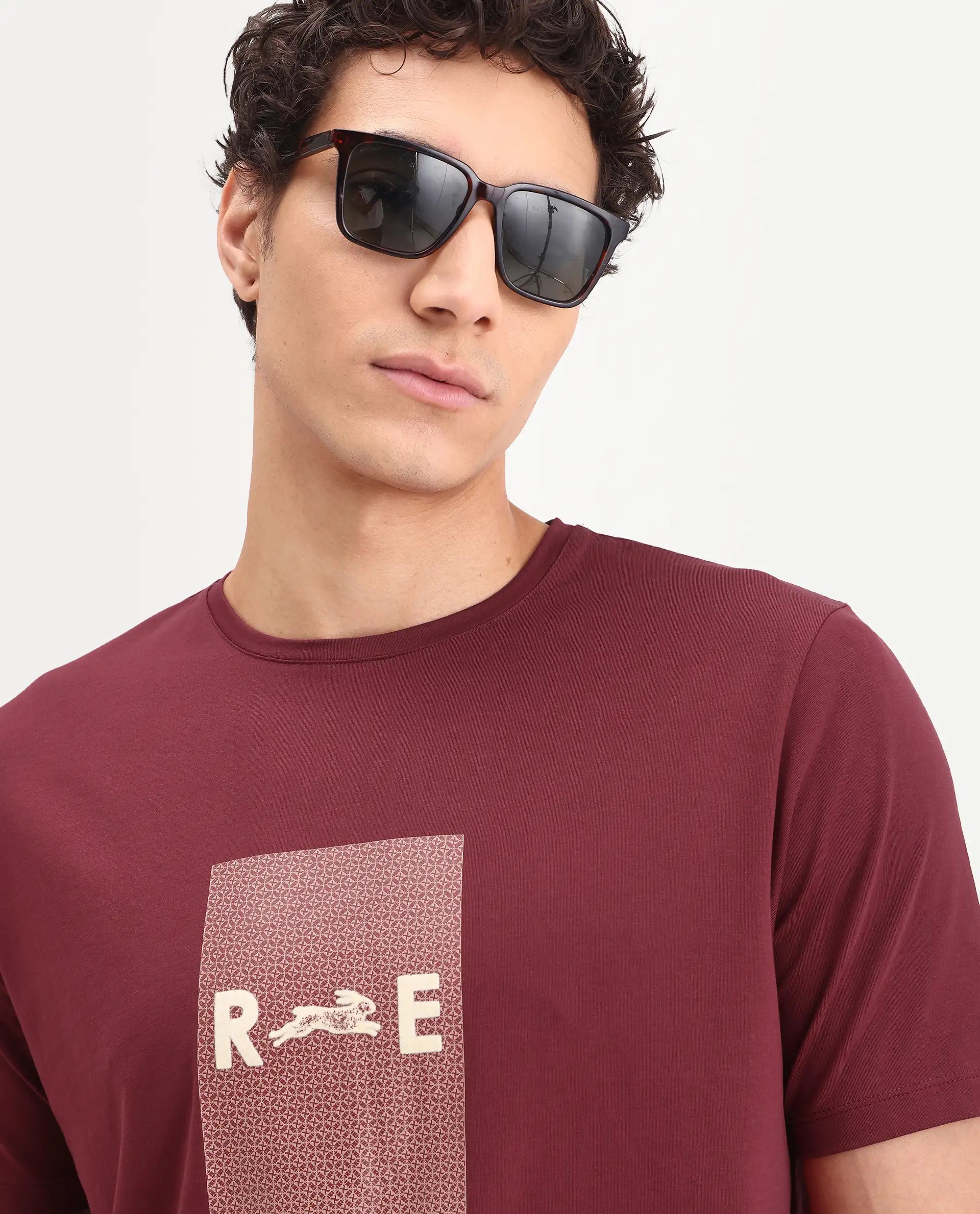 Rare Rabbit Men's Outi Dark Red Cotton Blend Fabric Half Sleeve Crew Neck Regular Fit Graphic Print T-Shirt