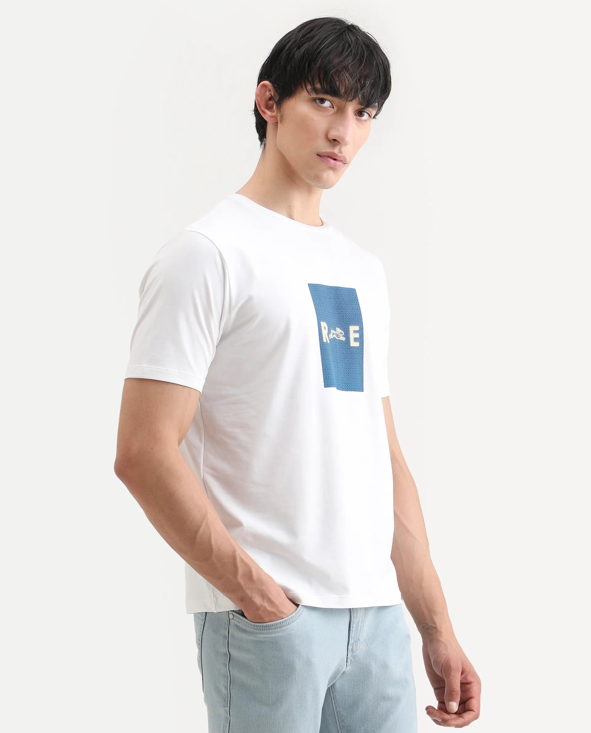 Rare Rabbit Men's Outi White Cotton Blend Fabric Half Sleeve Crew Neck Regular Fit Graphic Print T-Shirt