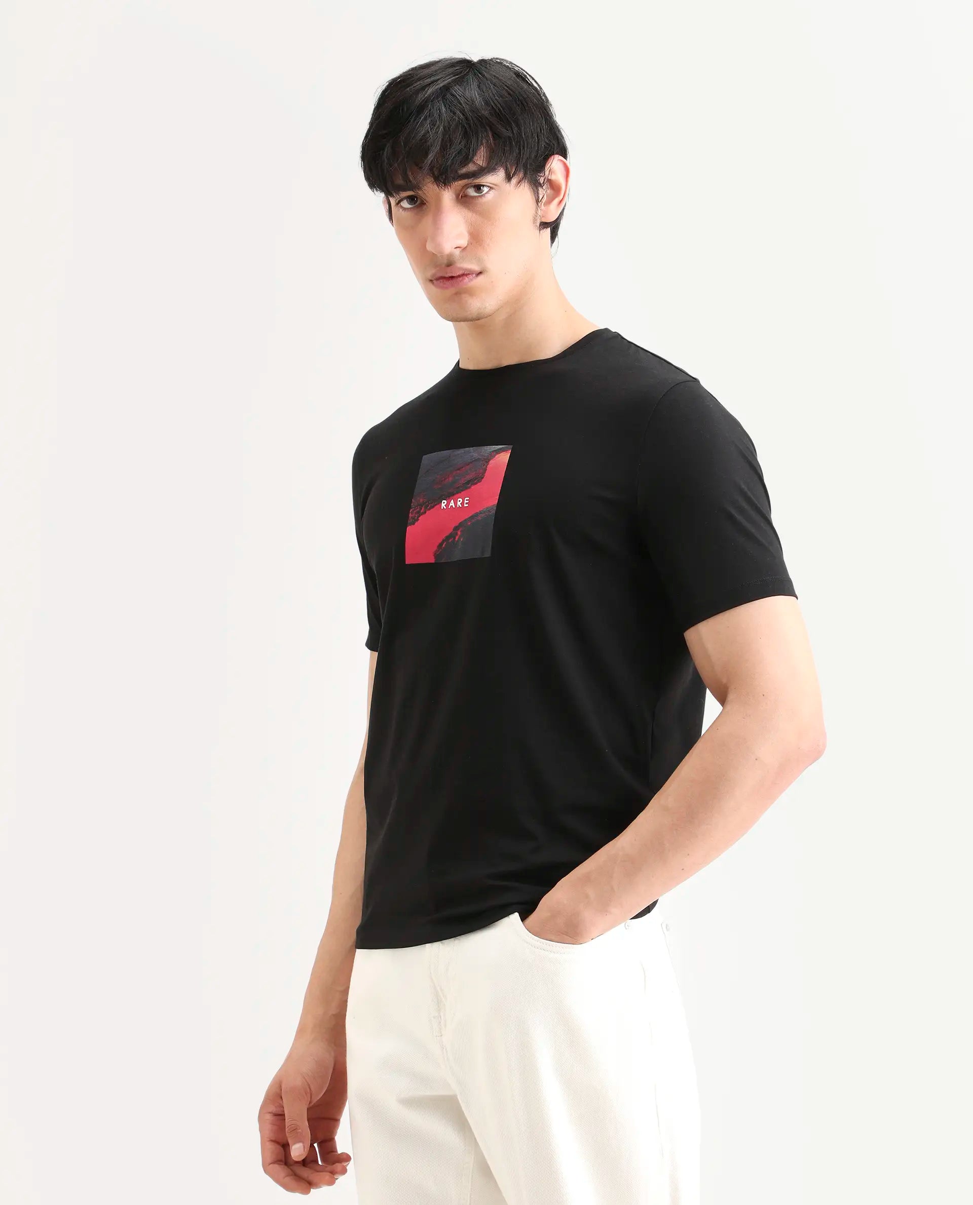 Rare Rabbit Men's Prano Black Cotton Blend Fabric Half Sleeve Crew Neck Regular Fit Graphic Print T-Shirt