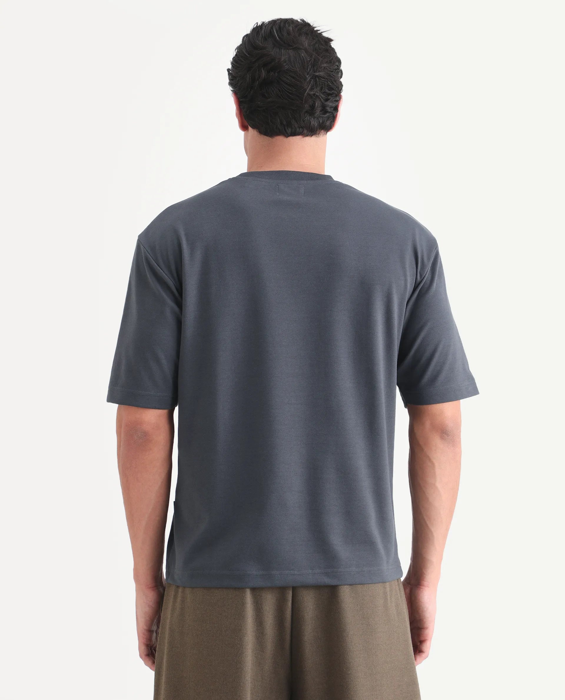 Rare Rabbit Men's Qlo-S26 Dark Grey Cotton Blend Fabric Half Sleeve Crew Neck Oversize Plain T-Shirt
