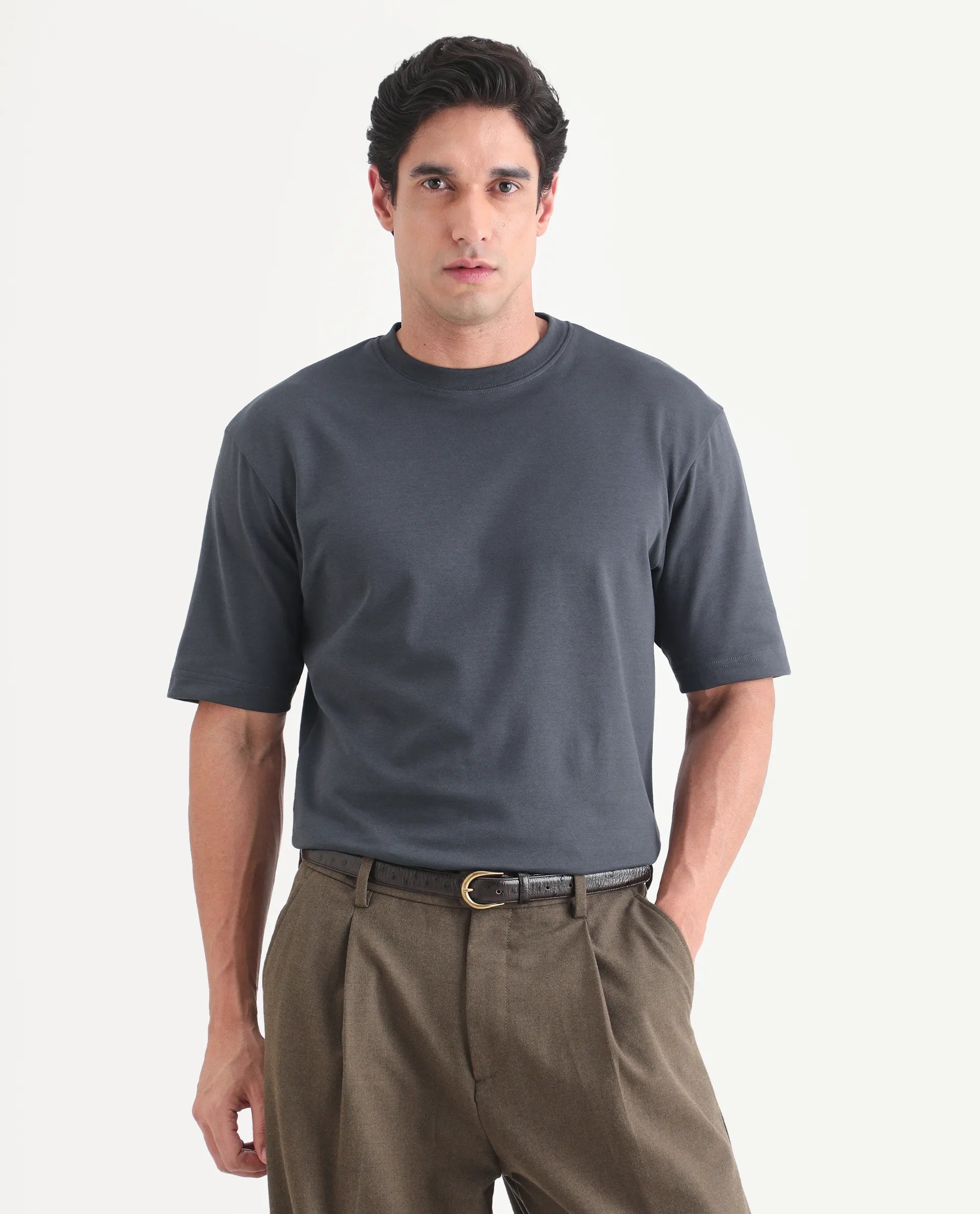 Rare Rabbit Men's Qlo-S26 Dark Grey Cotton Blend Fabric Half Sleeve Crew Neck Oversize Plain T-Shirt