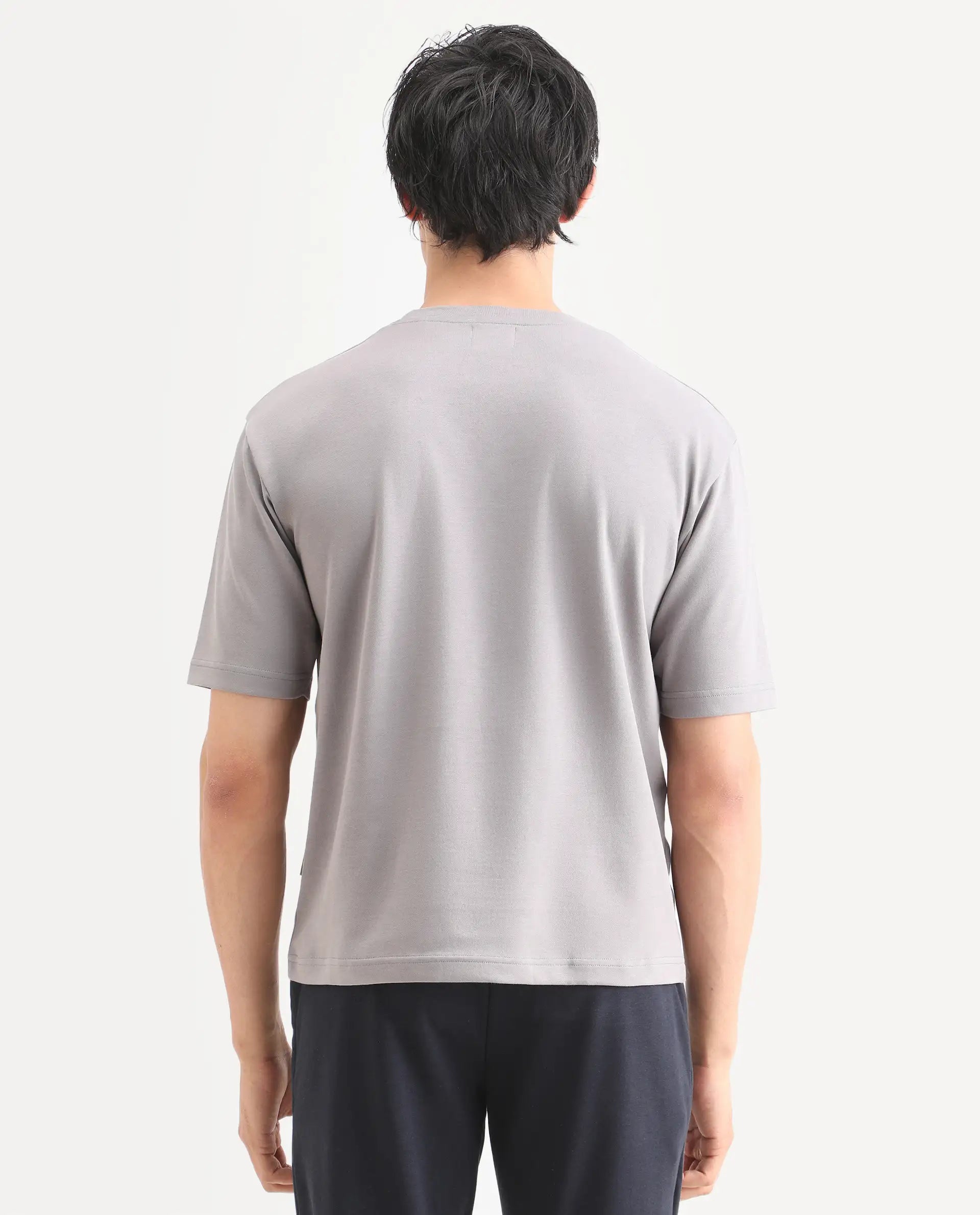 Rare Rabbit Men's Qlo-S26 Light Grey Cotton Blend Fabric Half Sleeve Crew Neck Oversize Plain T-Shirt
