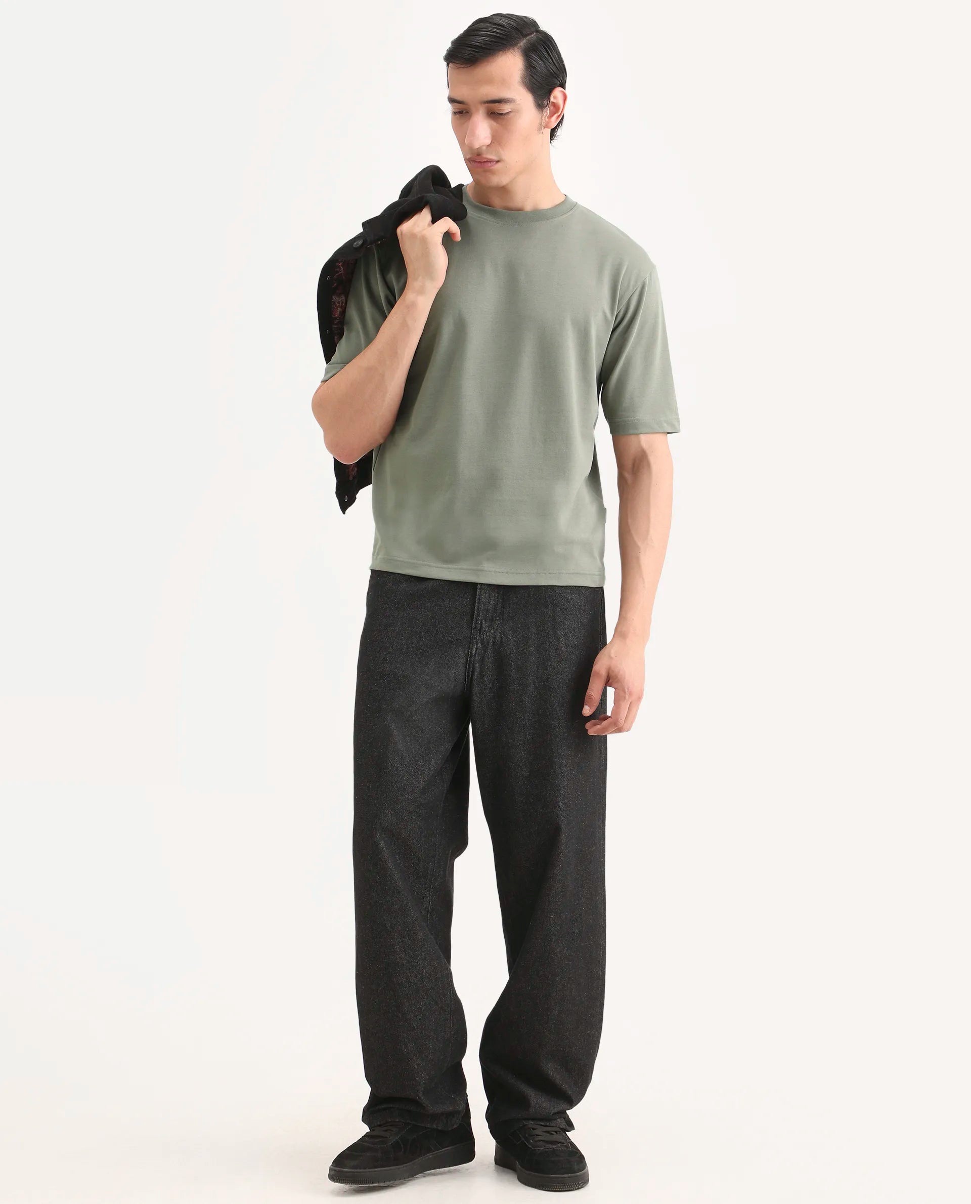 Rare Rabbit Men's Qlo-S26 Dusky Green Cotton Blend Fabric Half Sleeve Crew Neck Oversize Plain T-Shirt