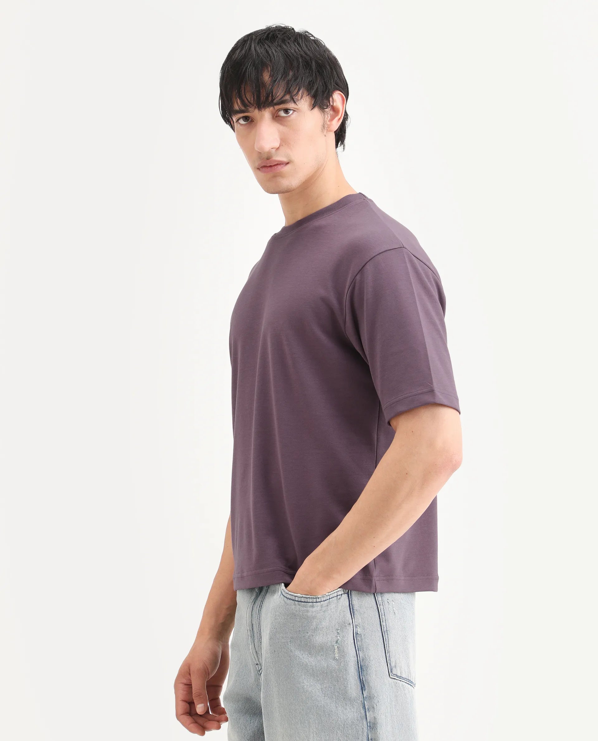 Rare Rabbit Men's Qlo-S26 Dusky Pink Cotton Blend Fabric Half Sleeve Crew Neck Oversize Plain T-Shirt