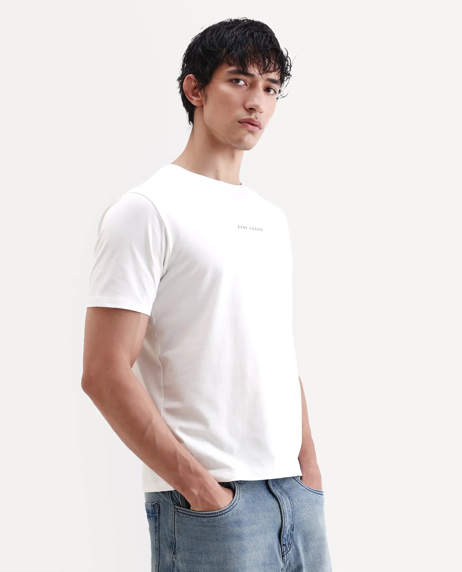 Rare Rabbit Men's Rabbit-S26 White Cotton Blend Fabric Half Sleeve Crew Neck Regular Fit Plain T-Shirt