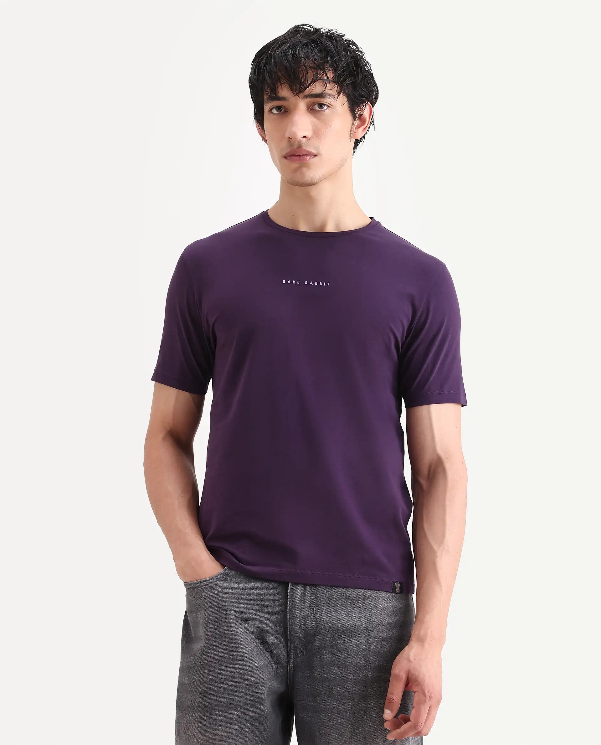 Rare Rabbit Men's Rabbit-S26 Dark Purple Cotton Blend Fabric Half Sleeve Crew Neck Regular Fit Plain T-Shirt