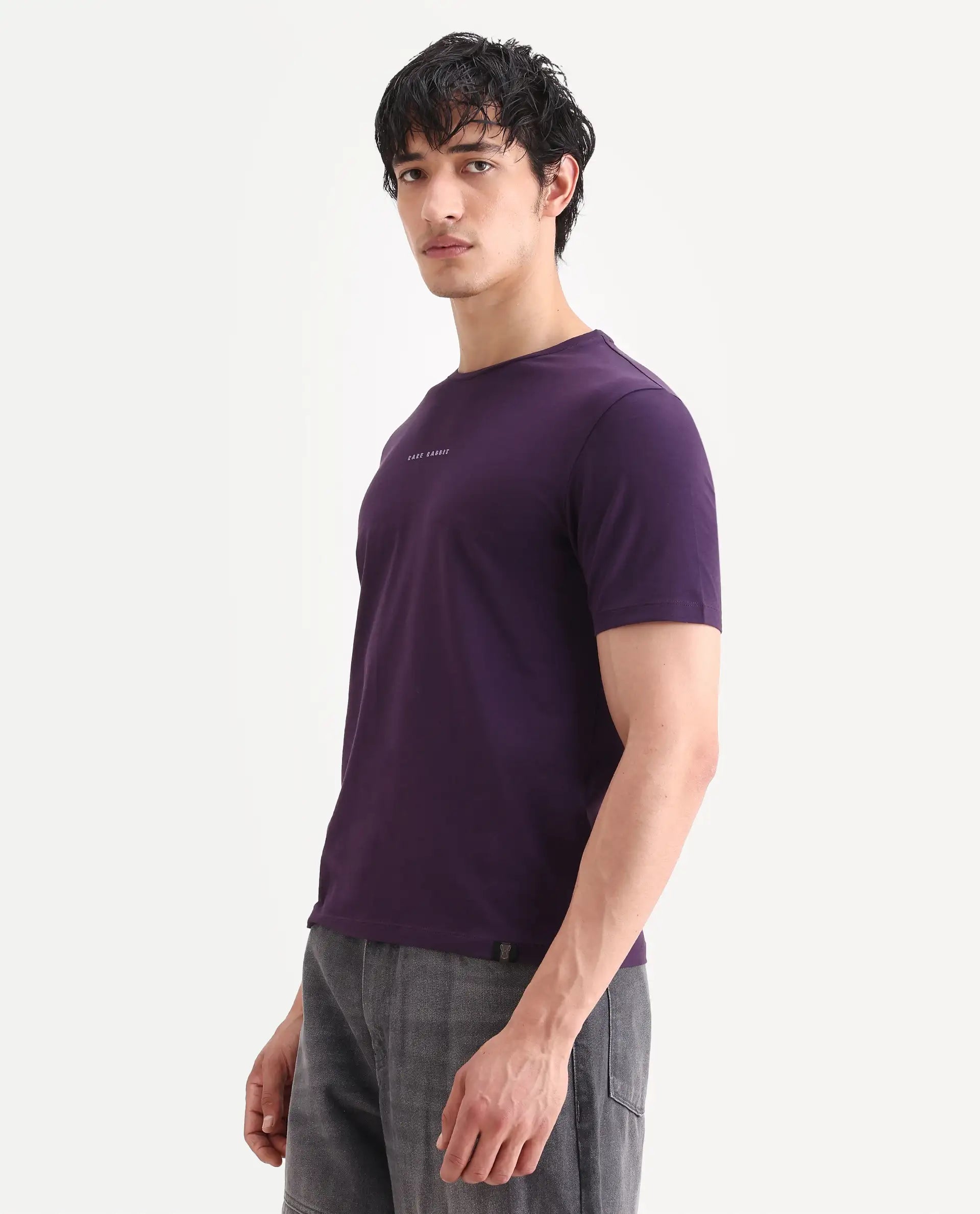 Rare Rabbit Men's Rabbit-S26 Dark Purple Cotton Blend Fabric Half Sleeve Crew Neck Regular Fit Plain T-Shirt