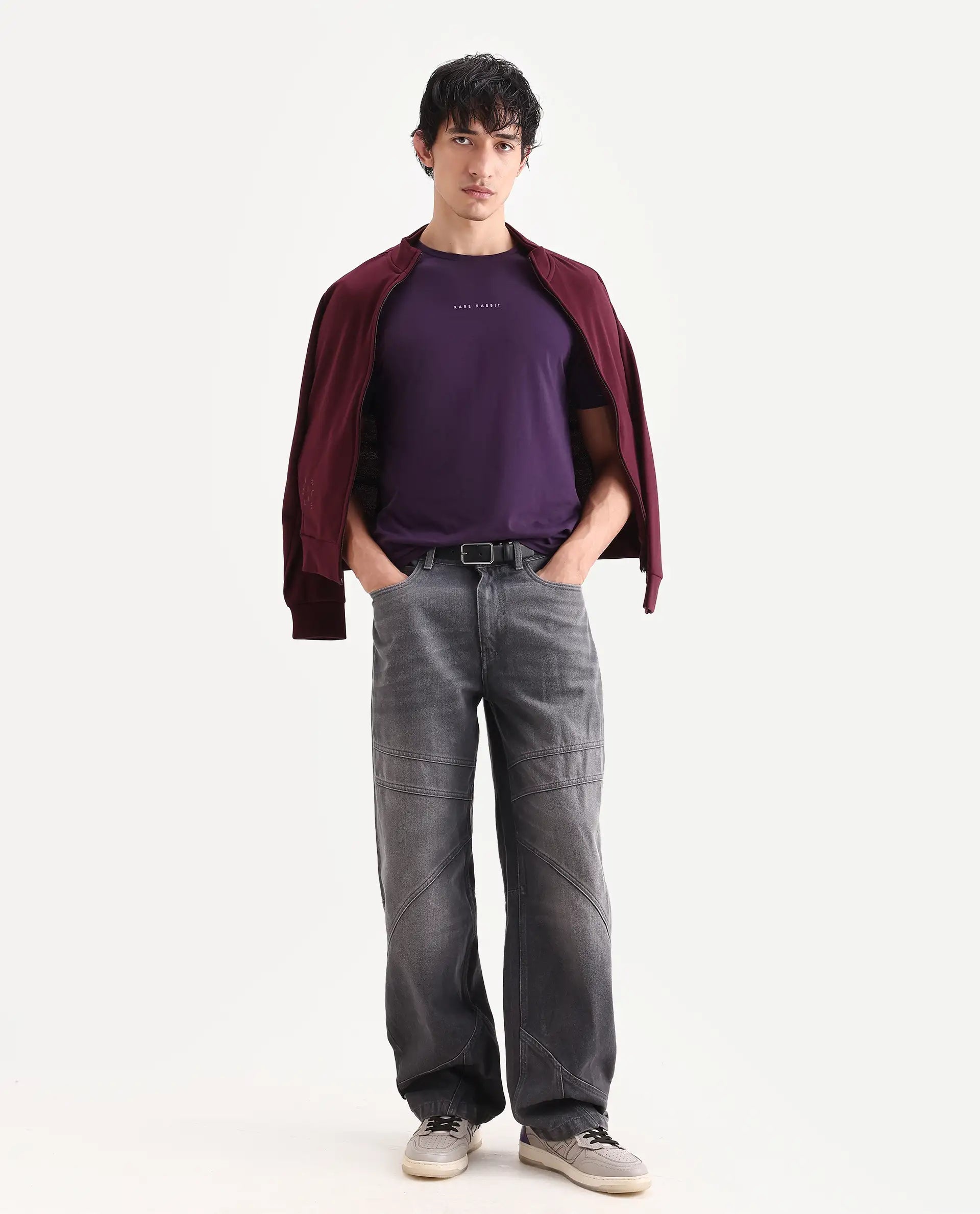 Rare Rabbit Men's Rabbit-S26 Dark Purple Cotton Blend Fabric Half Sleeve Crew Neck Regular Fit Plain T-Shirt