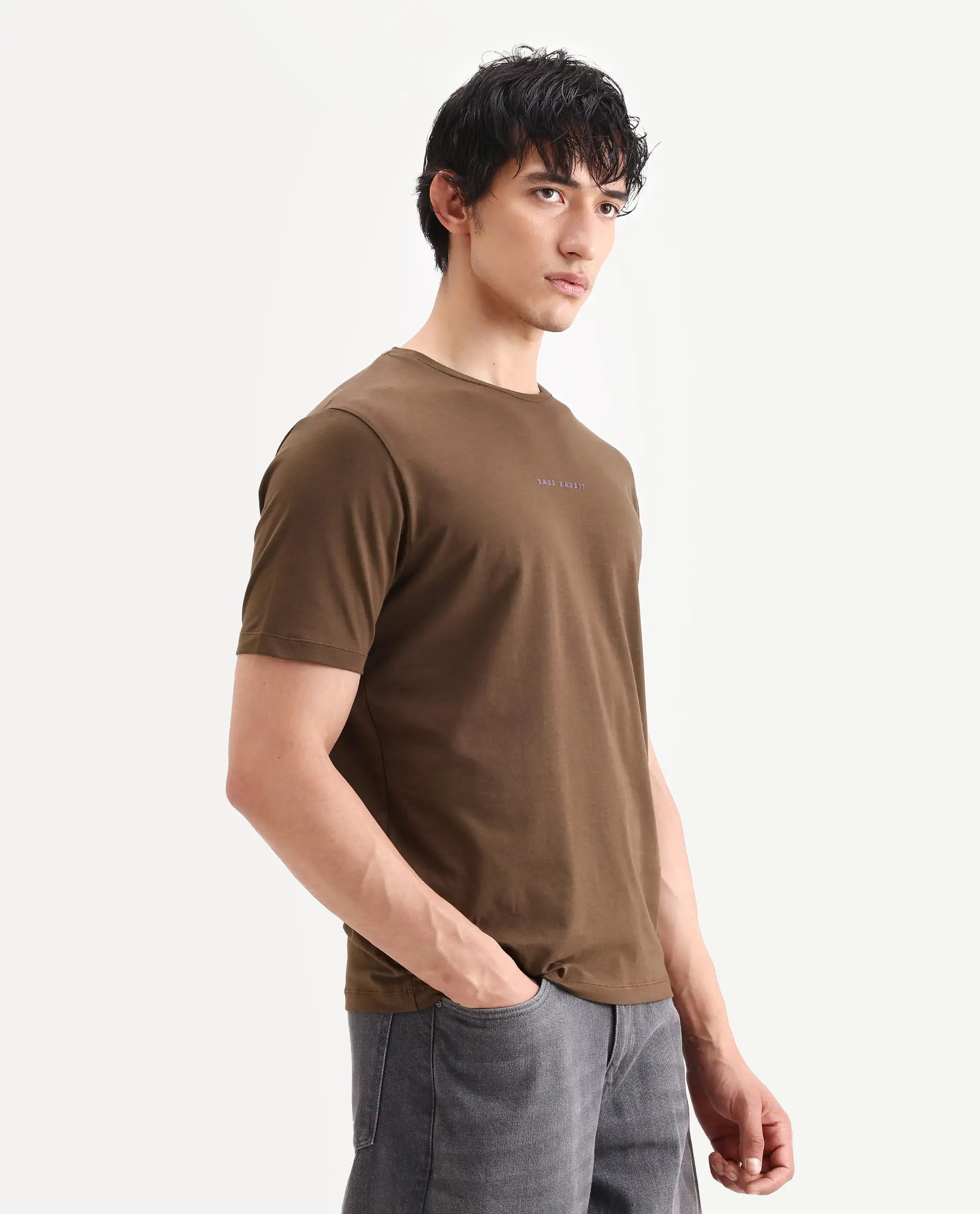 Rare Rabbit Men's Rabbit-S26 Brown Cotton Blend Fabric Half Sleeve Crew Neck Regular Fit Plain T-Shirt