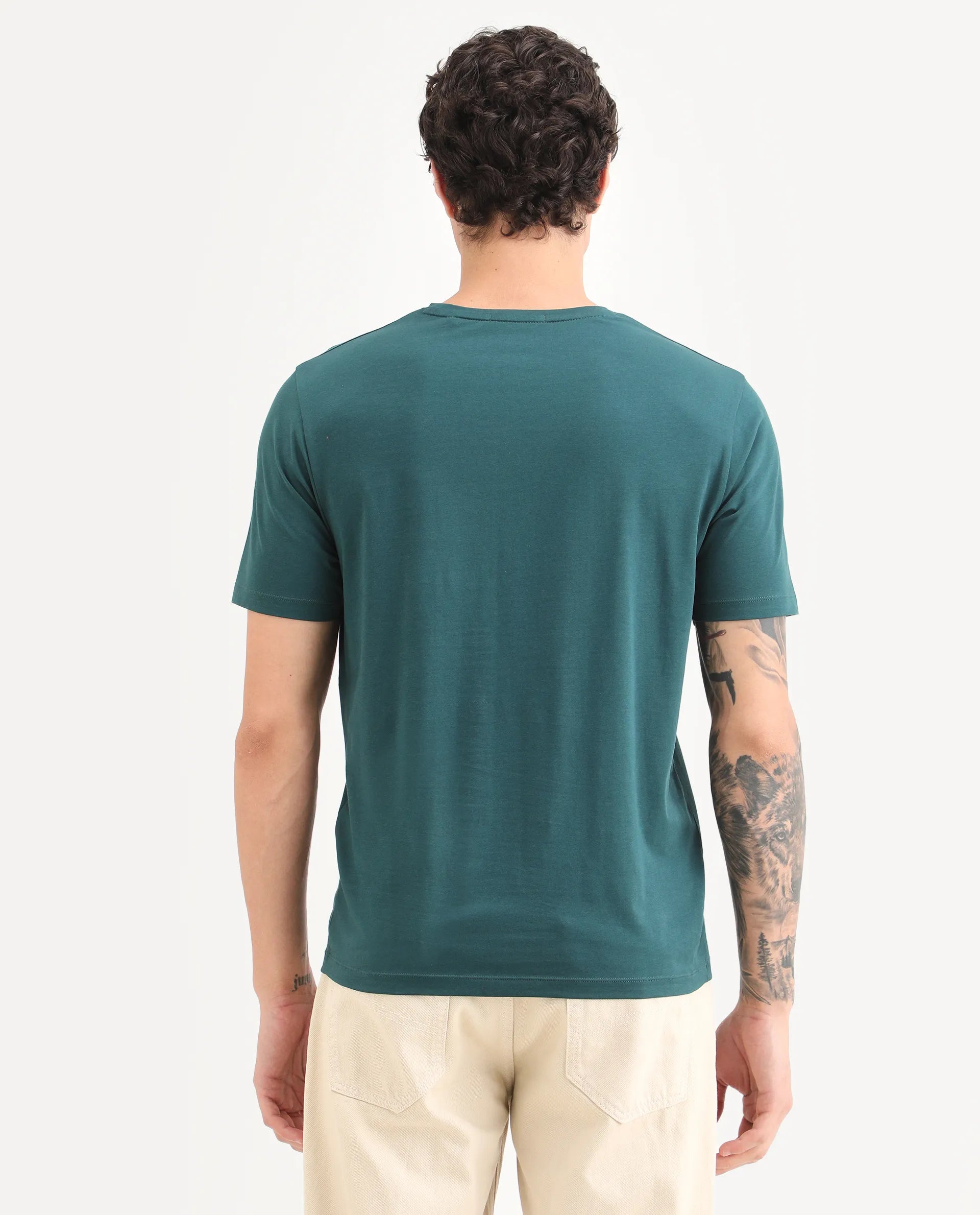 Rare Rabbit Men's Rabbit-S26 Dark Green Cotton Blend Fabric Half Sleeve Crew Neck Regular Fit Plain T-Shirt